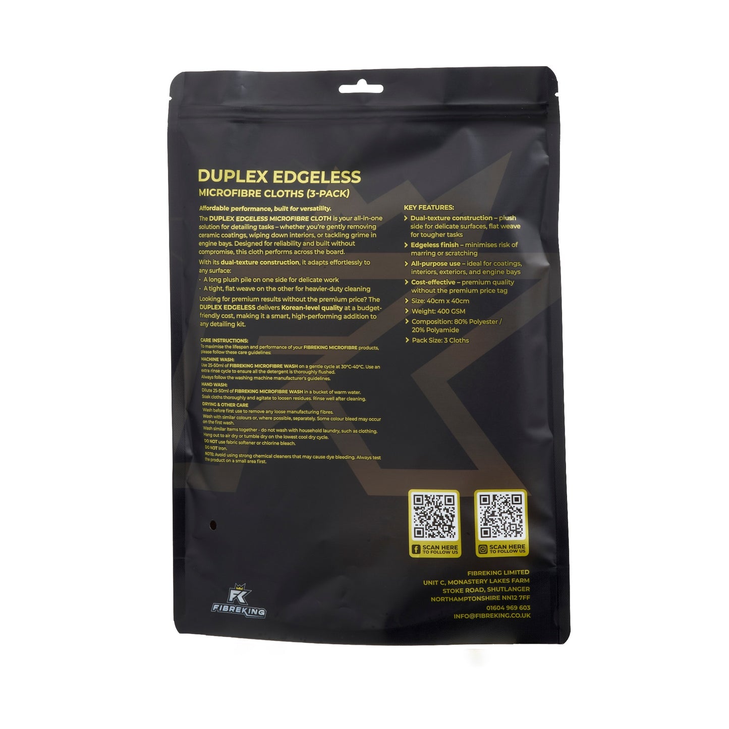 Back of a black FibreKing Duplex Edgeless Cloth - 3 Pack shows product info, features, QR codes, and contacts in yellow and white—ideal for premium detailing use.