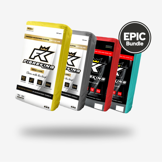 The EPIC Bundle by FibreKing features four packs of premium microfiber cloths in yellow, gray, red, and teal packaging—perfect for all your cleaning needs, shown against a white background.