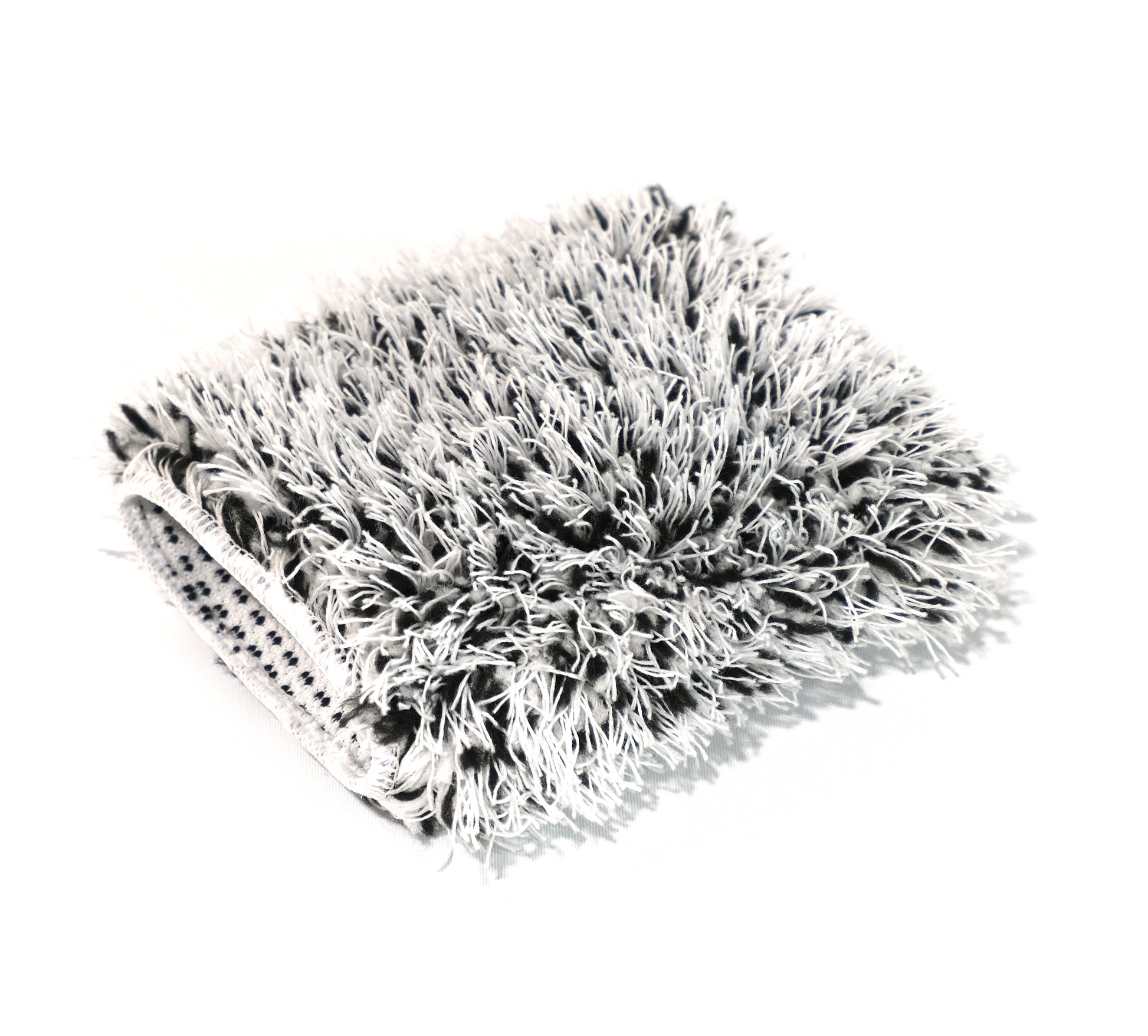 The FibreKing Gold Label Korean Wheel Mitt, a folded gray microfiber mitt with long shaggy fibers for precision detailing, is shown on a white background.