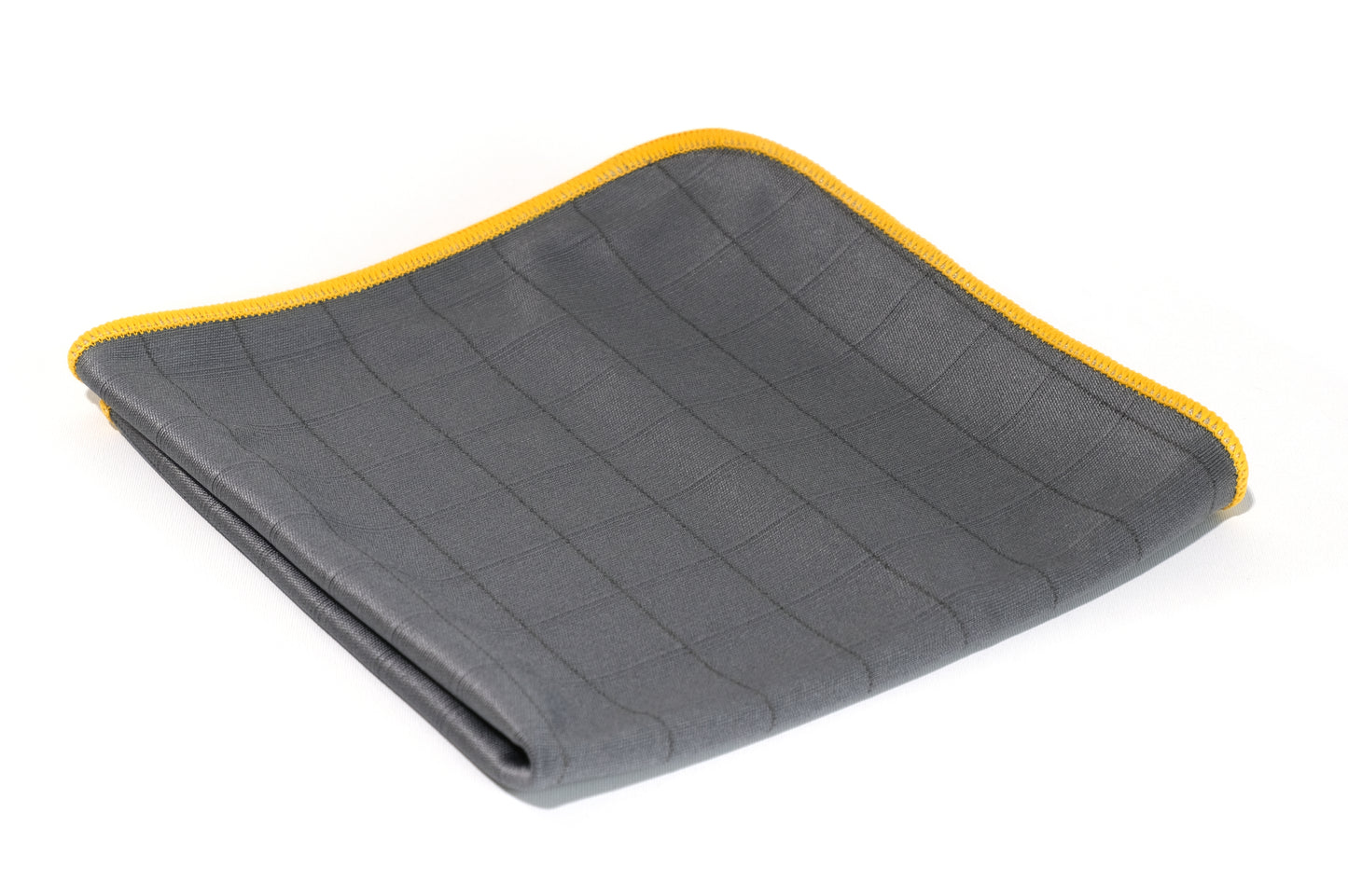 The FibreKing Carbon Glass Cloths - 3 Pack features gray, anti-static microfiber cloths with yellow trim, shown folded on a white background.