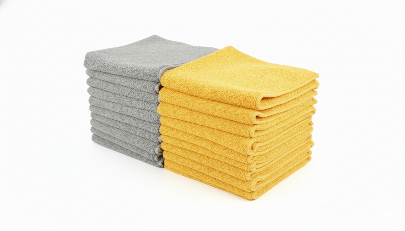 Two neat stacks of FibreKing Silver Label 325GSM microfibre cloths (20 pack), in gray and yellow, sit side by side on a white background—ideal for car cleaning or household use.