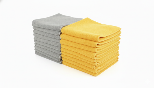 Two neat stacks of FibreKing Silver Label 325GSM microfibre cloths (20 pack), in gray and yellow, sit side by side on a white background—ideal for car cleaning or household use.