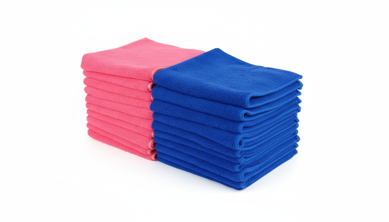 Two stacks of FibreKing Gold Label 400GSM microfibre cloths (20 pack) are shown: four pink cloths on the left and four blue cloths on the right, set against a white background.