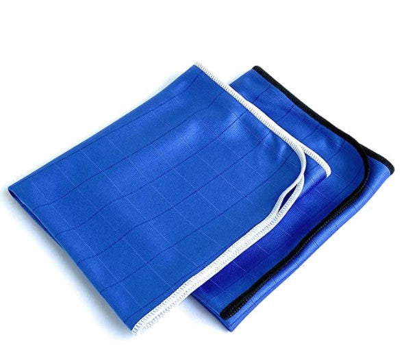Three blue rectangular FibreKing Carbon Glass Cloths with black and white trim, neatly folded and stacked on a white background.