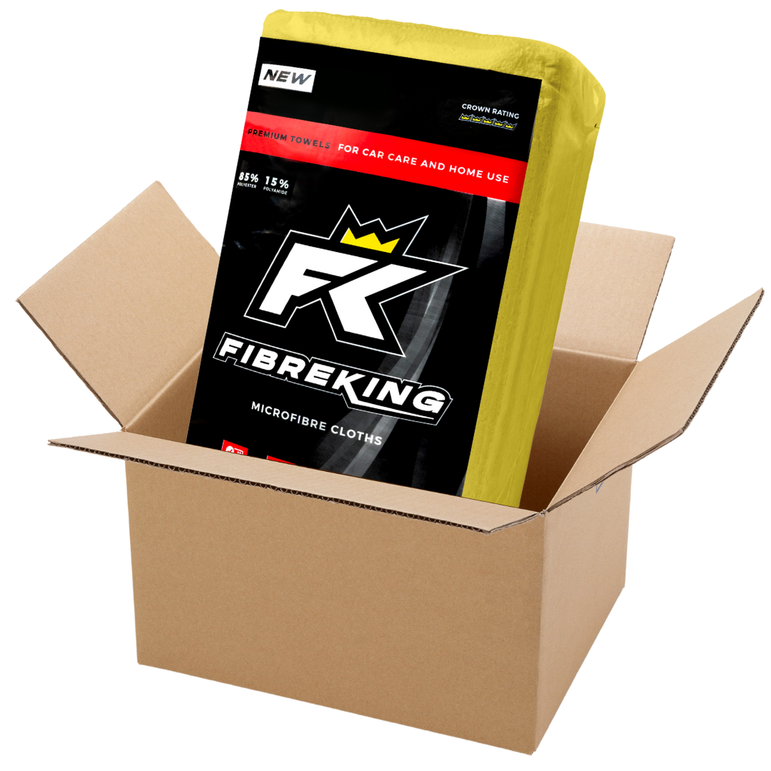 An open cardboard box of FibreKing Silver Label 325GSM microfibre cloths (10 packs of 36), with yellow-edged packaging—perfect for car cleaning or everyday use.