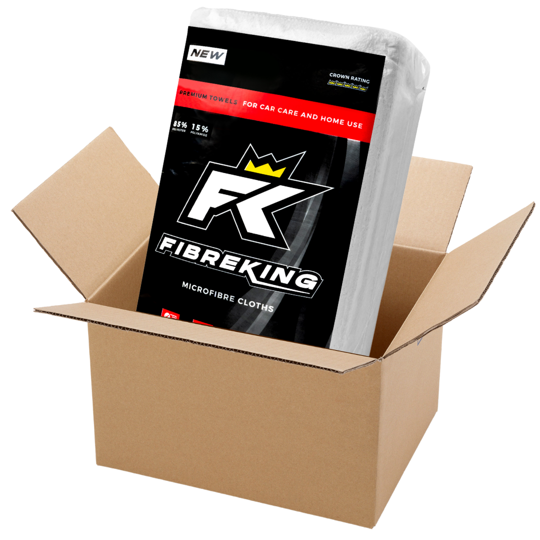 The FibreKing Silver Label 325GSM microfibre cloth box contains 10 packs of 36 reusable, machine-washable cloths in branded packaging, all inside a convenient open cardboard box—ideal for car cleaning.