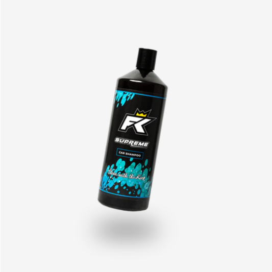 A black bottle of FibreKing Supreme - Car Shampoo, a top pH-neutral car cleaner, with blue accents and white text is displayed on a white background.