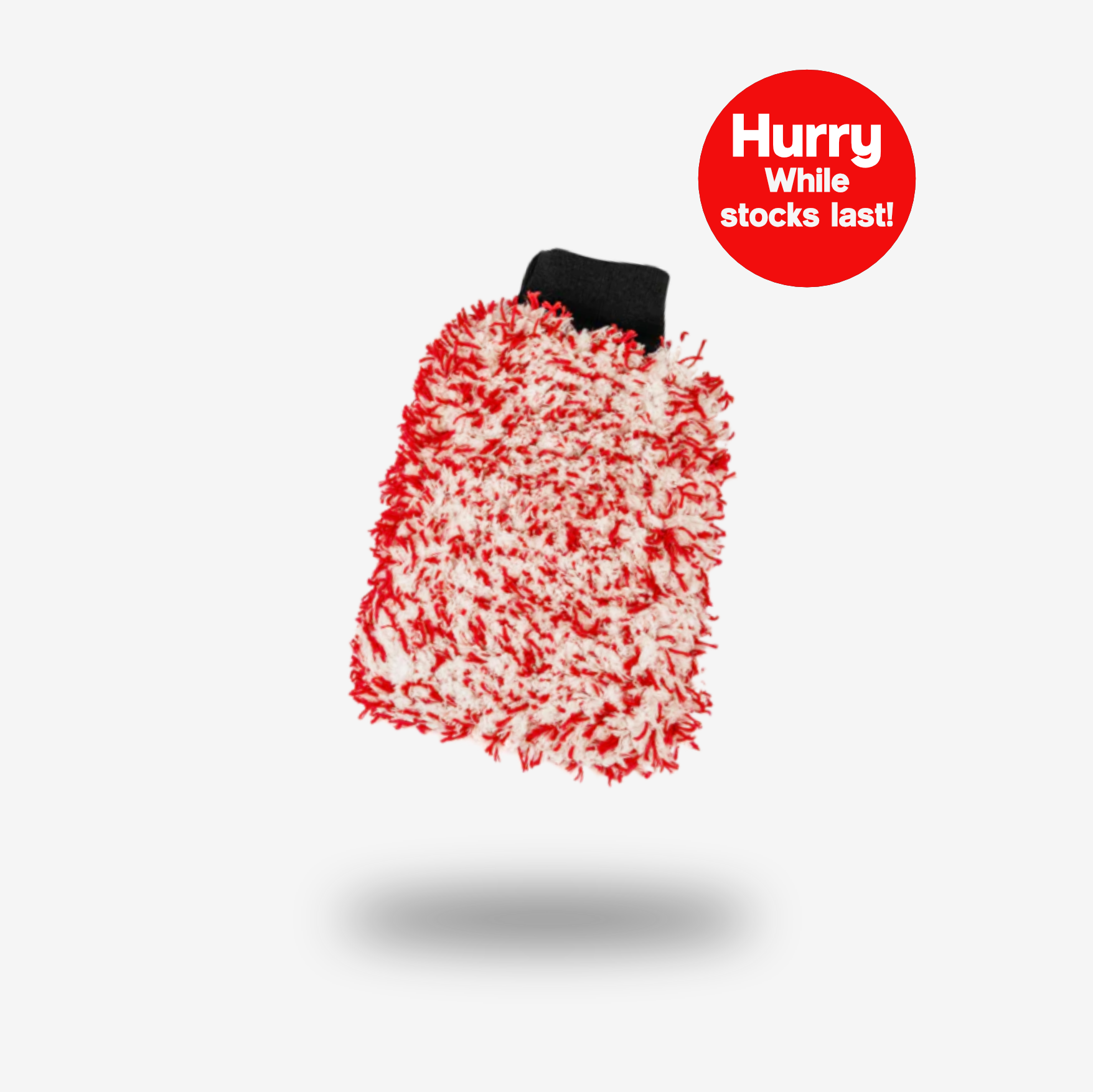 The FibreKing SK Korean Microfibre Premium Wash Mitt in red with a black cuff is shown on a white background. Featuring Dirt-Trapping Technology for a deep clean. A red circle says, “Hurry while stocks last!”.