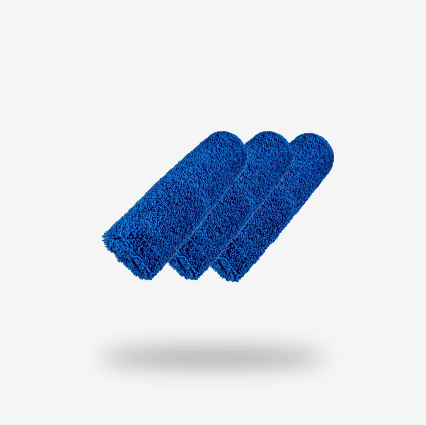 Three blue FibreKing Duplex edgeless cloths (3 pack) are arranged side by side on a plain white background with a faint shadow beneath them.