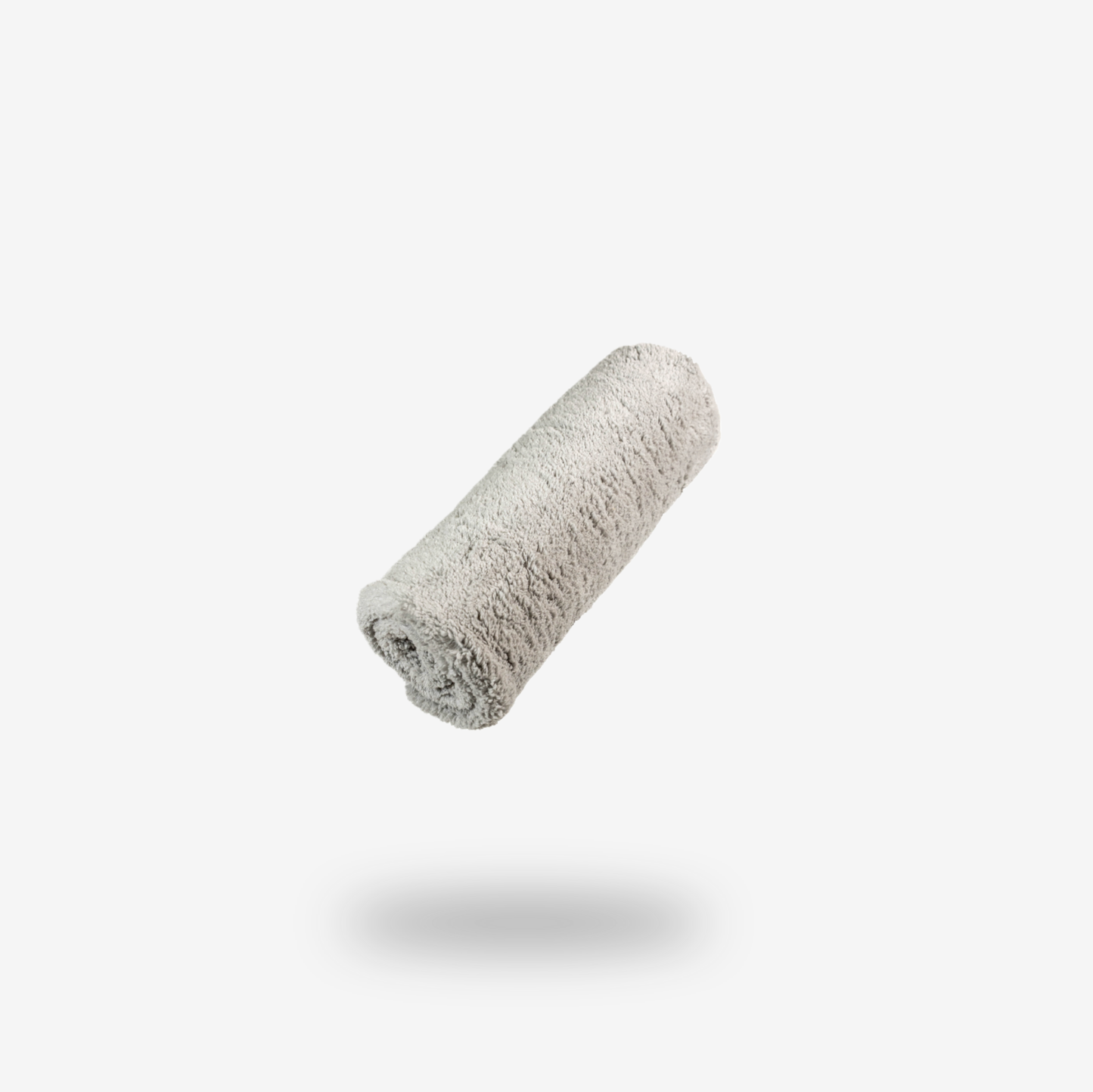 The FibreKing Ultimate detailer cloth, made from light gray coral fleece microfibre, is shown rolled up on a plain white background with a soft shadow underneath.