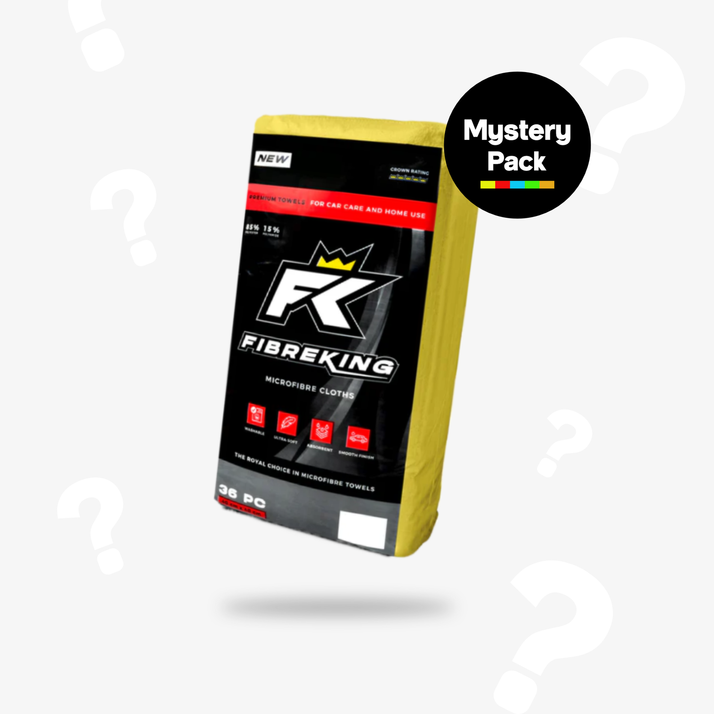 A FibreKing Mystery Microfibre 36 Pack (325GSM) is displayed on a white background with question marks—ideal for car cleaning or as an addition to your detailing supplies. Warehouse Clearance!.