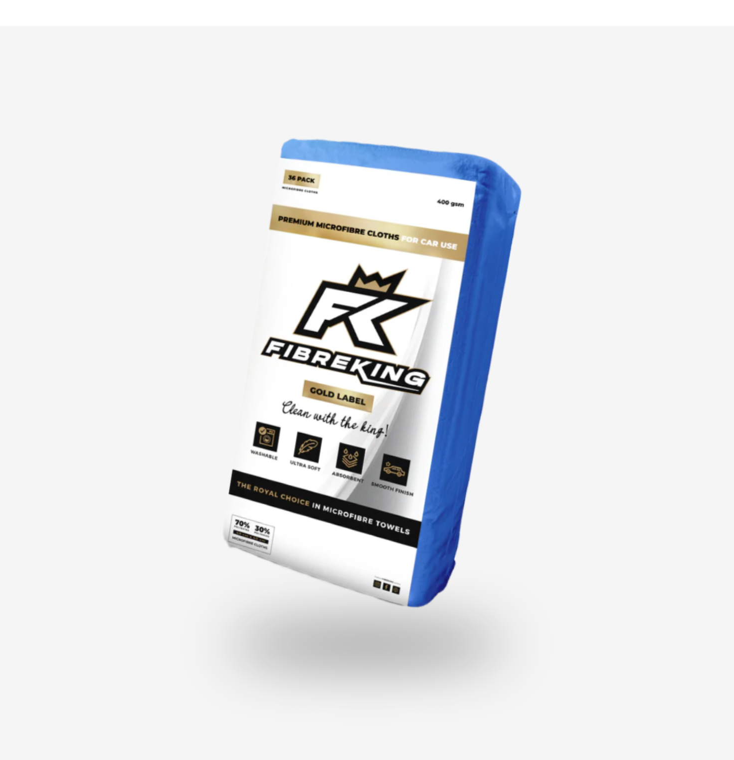 A rectangular pack of FibreKing Gold label 400GSM microfibre cloths for cars, featuring ultra-absorbent, high-performance fabric with blue edging and front branding.