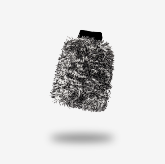 The FibreKing Gold Label Korean Microfibre Wash Mitt - Grey features a premium, grey and black textured design with a black cuff, offering a swirl-free wash. Shown floating against a plain white background.