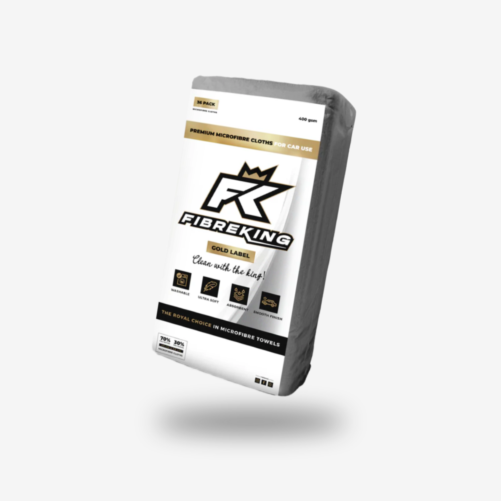 A rectangular pack of FibreKing Gold Label 400GSM microfibre cloths for cars, with a white and gold design, product icons, and high-performance branding on the front.