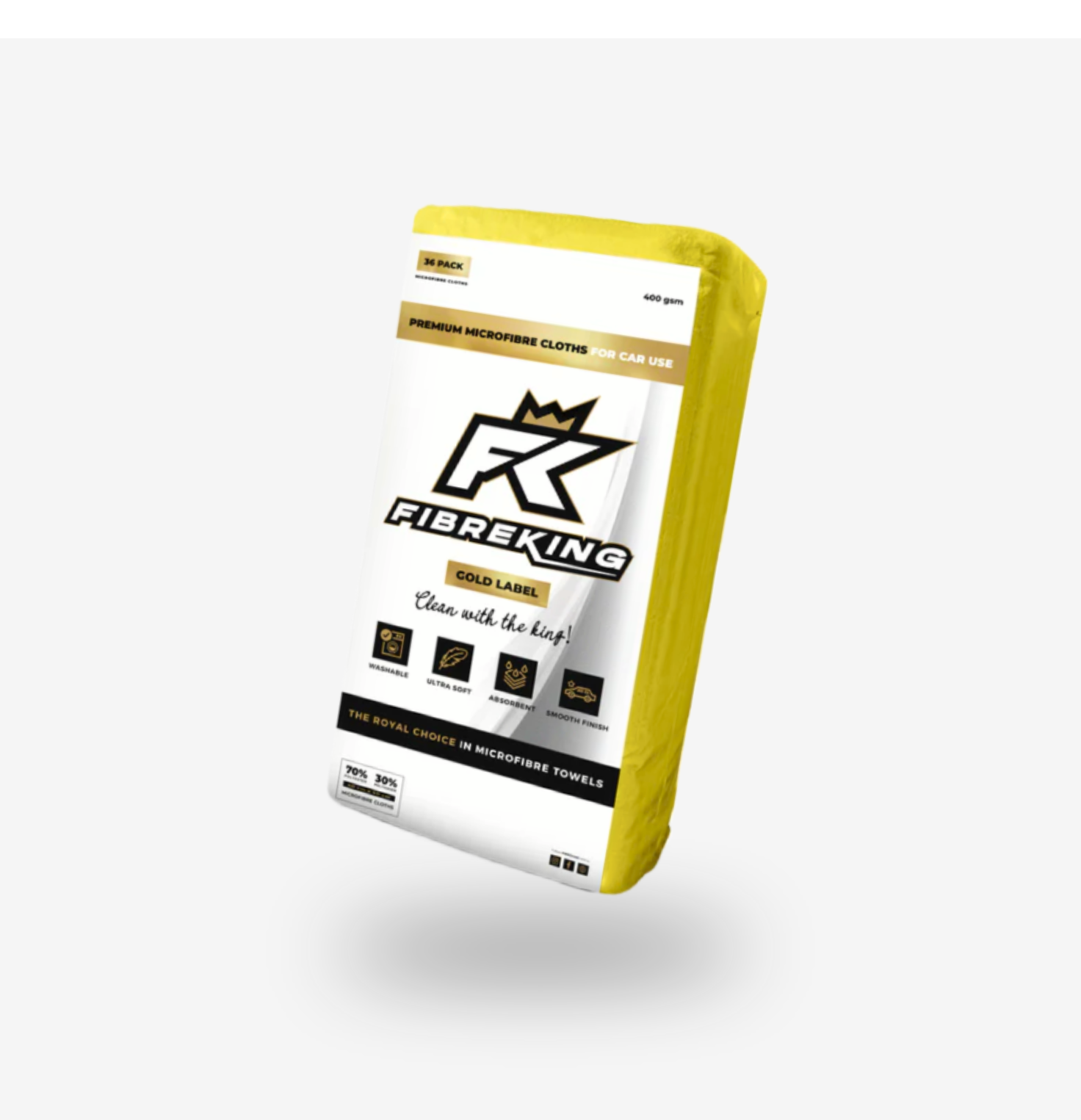 A yellow and white FibreKing Gold Label 400GSM microfibre cloths package, designed for car care, is shown against a plain background.