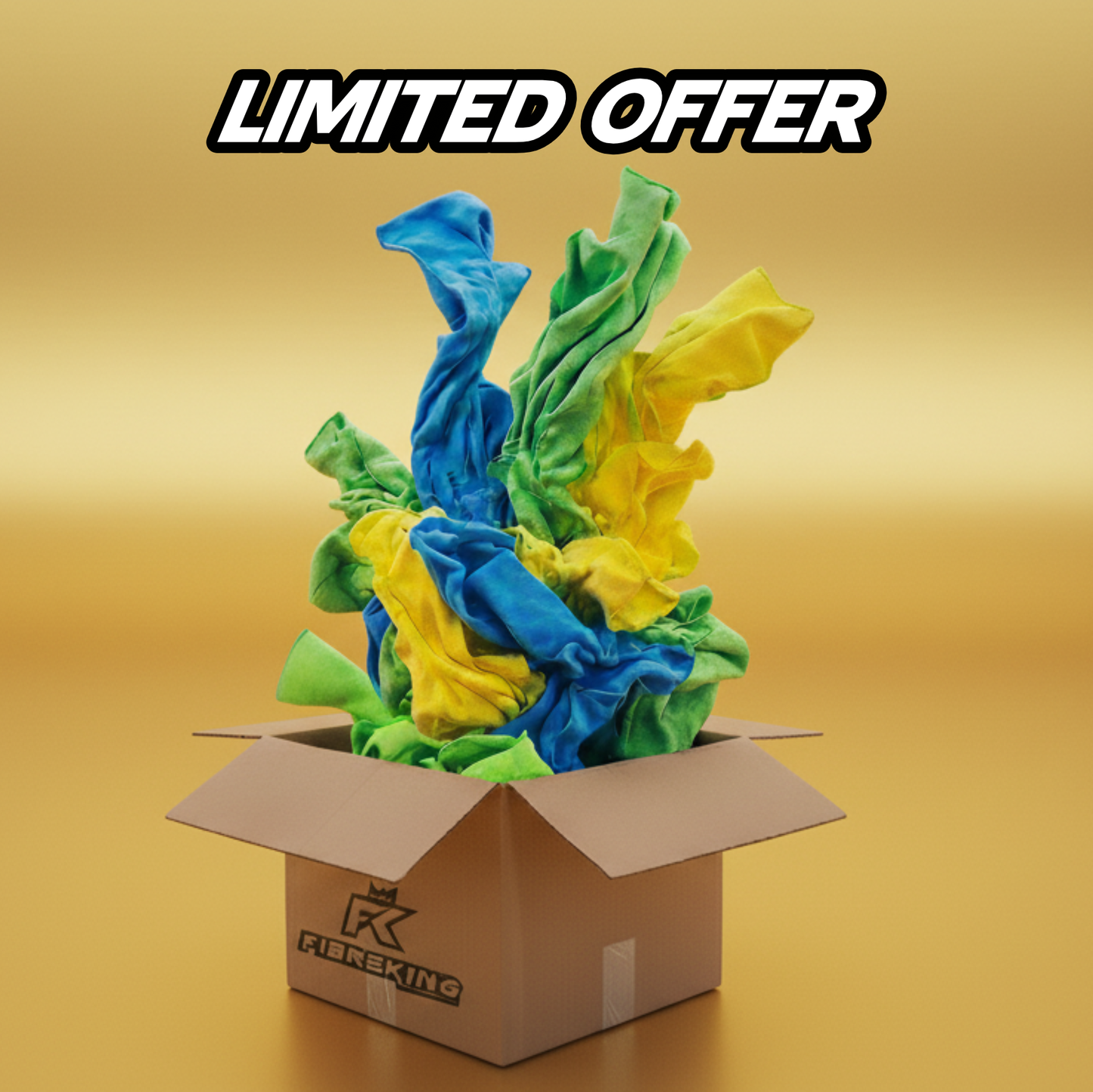 A cardboard box labeled FIREKING overflows with blue, green, and yellow FibreKing Gold Label Microfibre Bundle cloths; "LIMITED OFFER" appears above on a gold background.