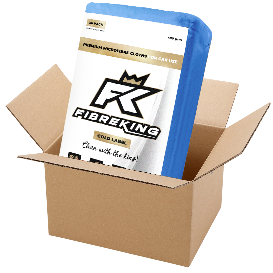 A box of FibreKing Gold Label 400GSM microfibre cloths (6 packs of 36), featuring ultra-absorbent blue cloths designed for car use.
