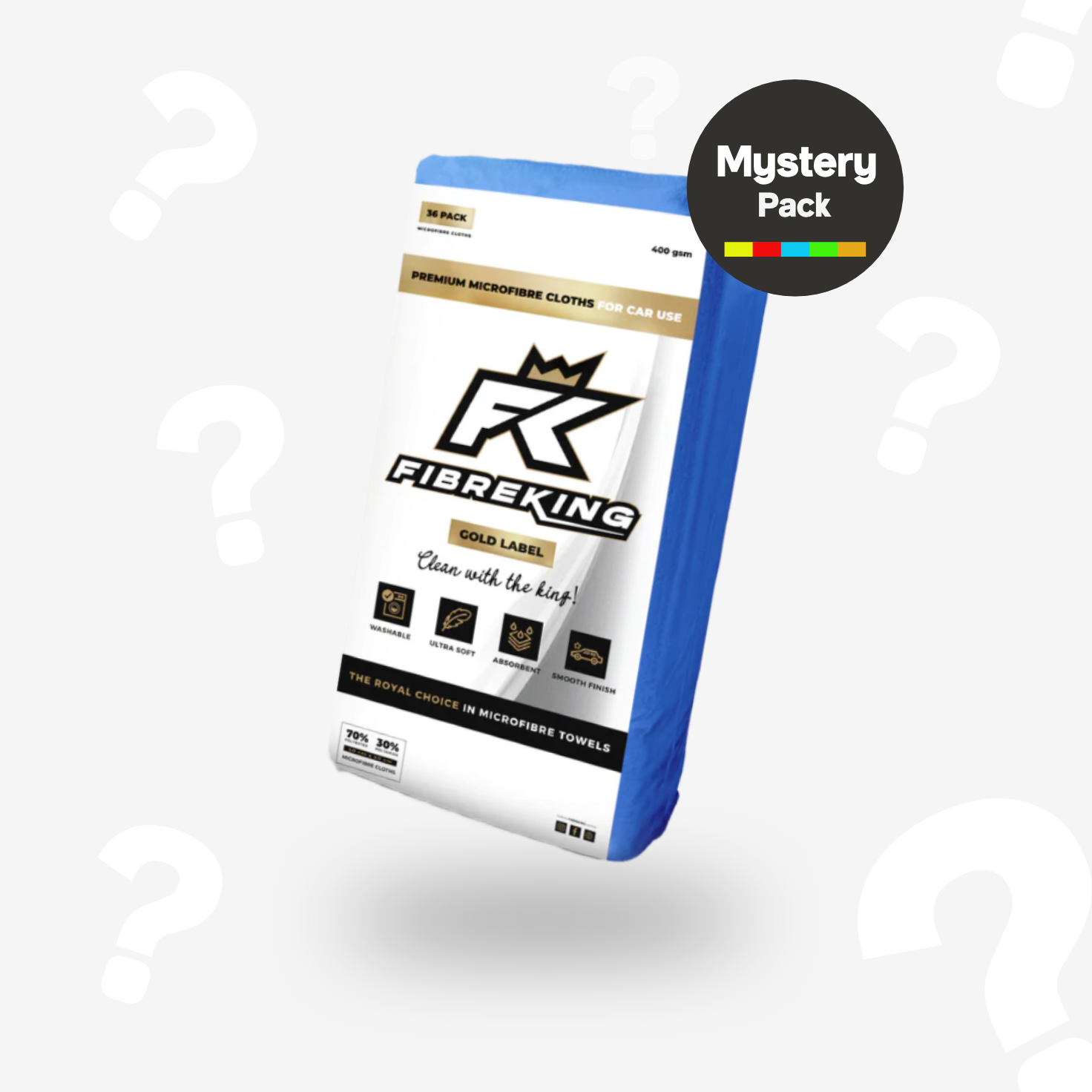 A package labeled FibreKing Mystery Microfibre Pack - Gold Label, from the premium range, displays a Mystery Pack badge in the top right. Shown on a white background with question marks, the ultra-absorbent cloths feature 400 GSM microfibre.