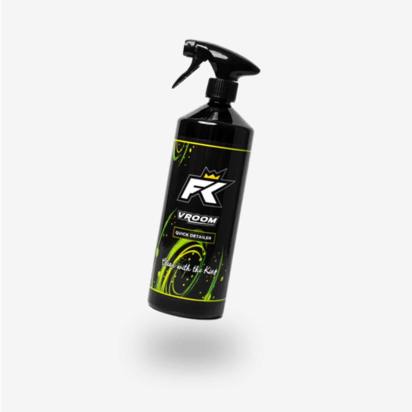 FibreKing Vroom - Quick Detailer in a black spray bottle with green accents, shown on a white background. Instantly provides a mirror shine and hydrophobic finish for a spotless appearance every time.