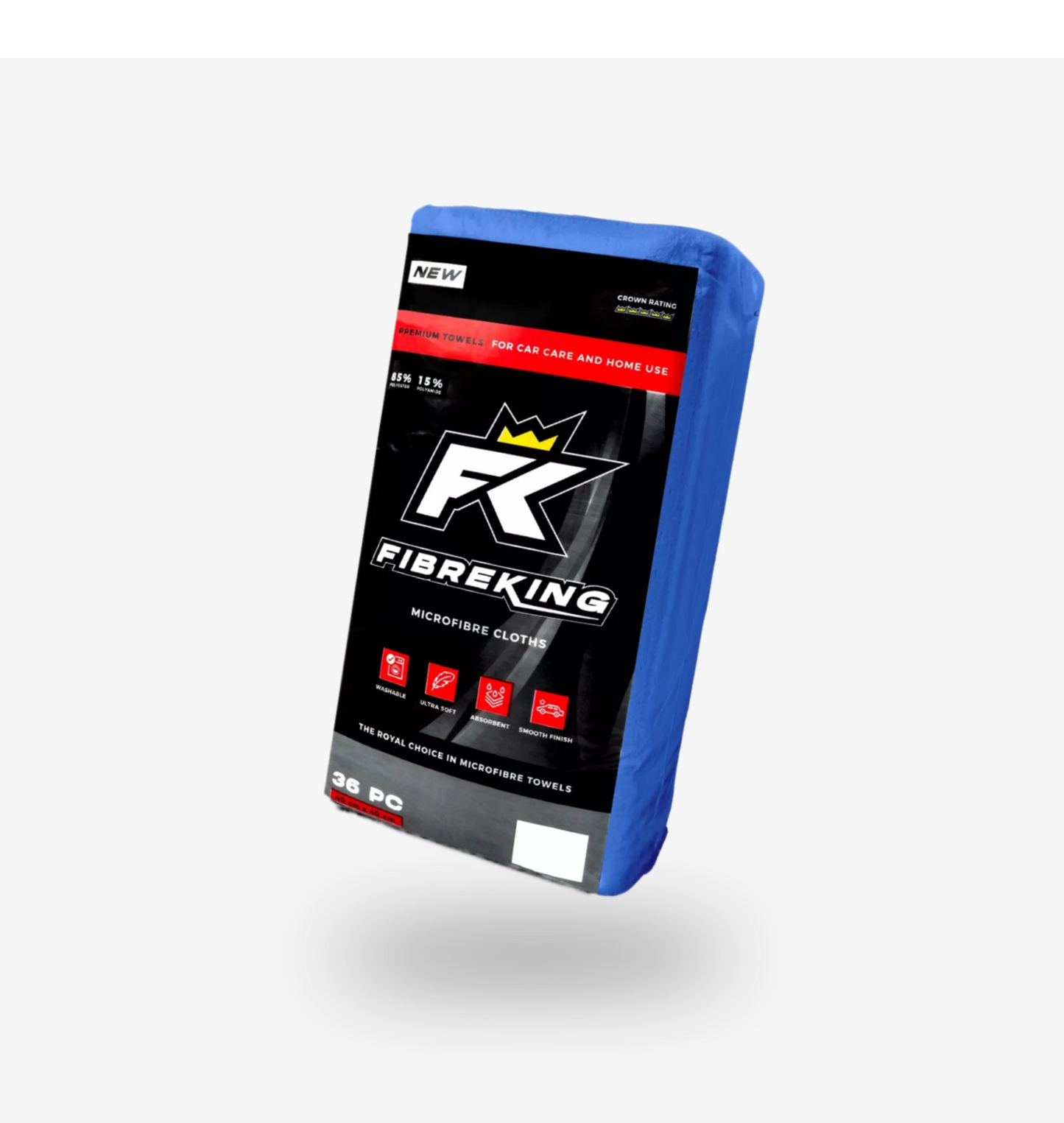 A pack of 36 FibreKing Silver Label 325GSM microfibre cloths in black, red, and blue, designed for scratch-free car care and home use.