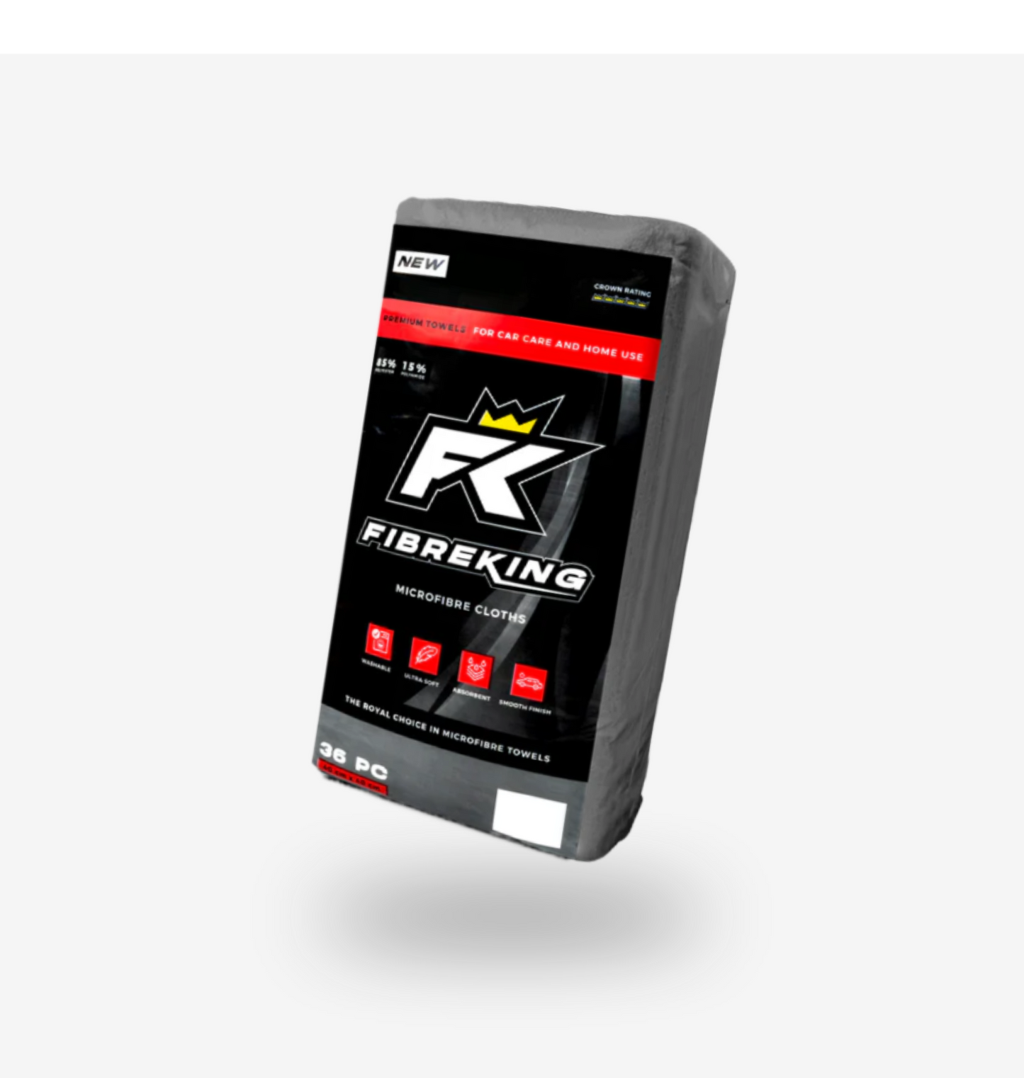 A pack of FibreKing Silver Label 325GSM microfibre cloths features super absorbent, scratch-free black cloths with the FK logo—ideal for car care and home use on any surface.