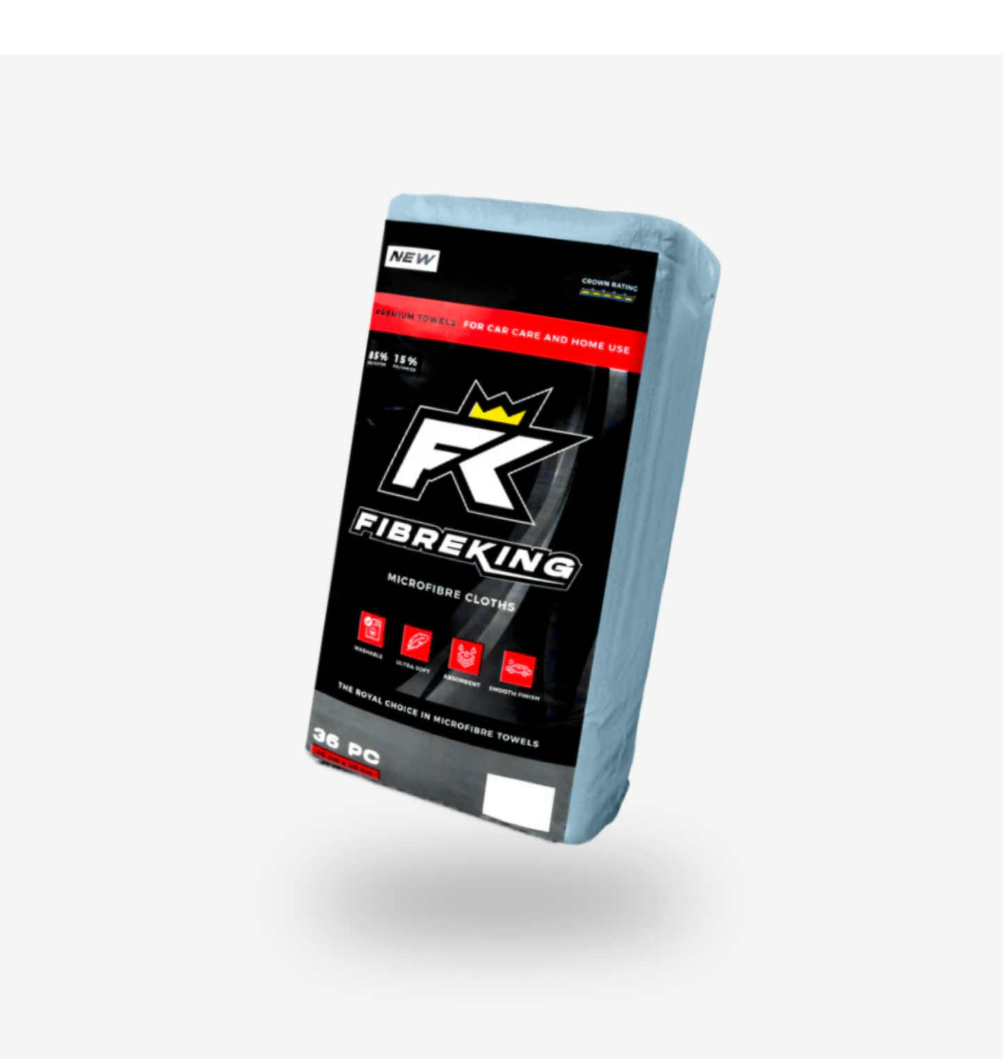 A pack of FibreKing Silver Label 325GSM microfibre cloths, scratch-free for car care and home use, with a black design featuring a yellow crown logo and product details on the front.