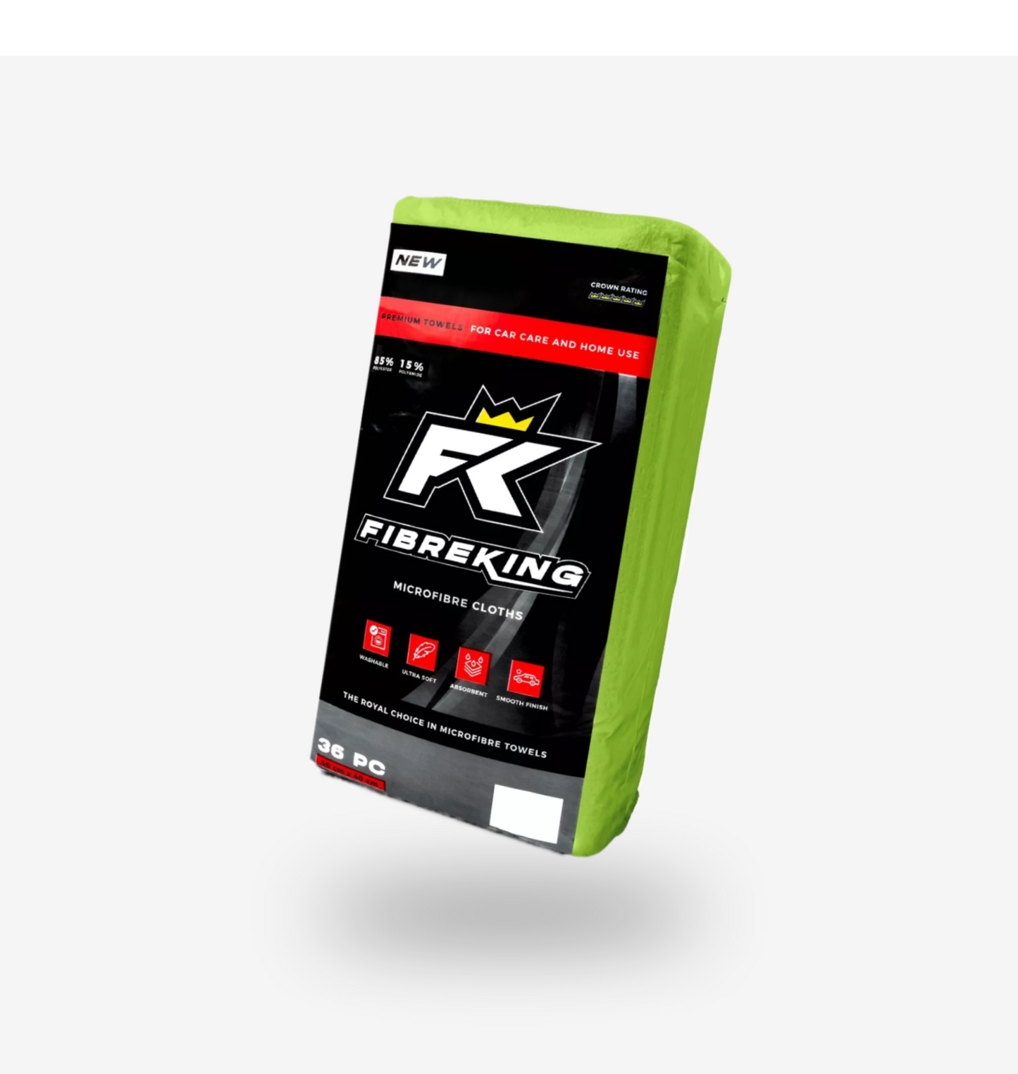 A pack of 36 FibreKing Silver Label 325GSM microfibre cloths with a black and green design, labeled for car care and home use; each cloth is scratch-free and super absorbent.