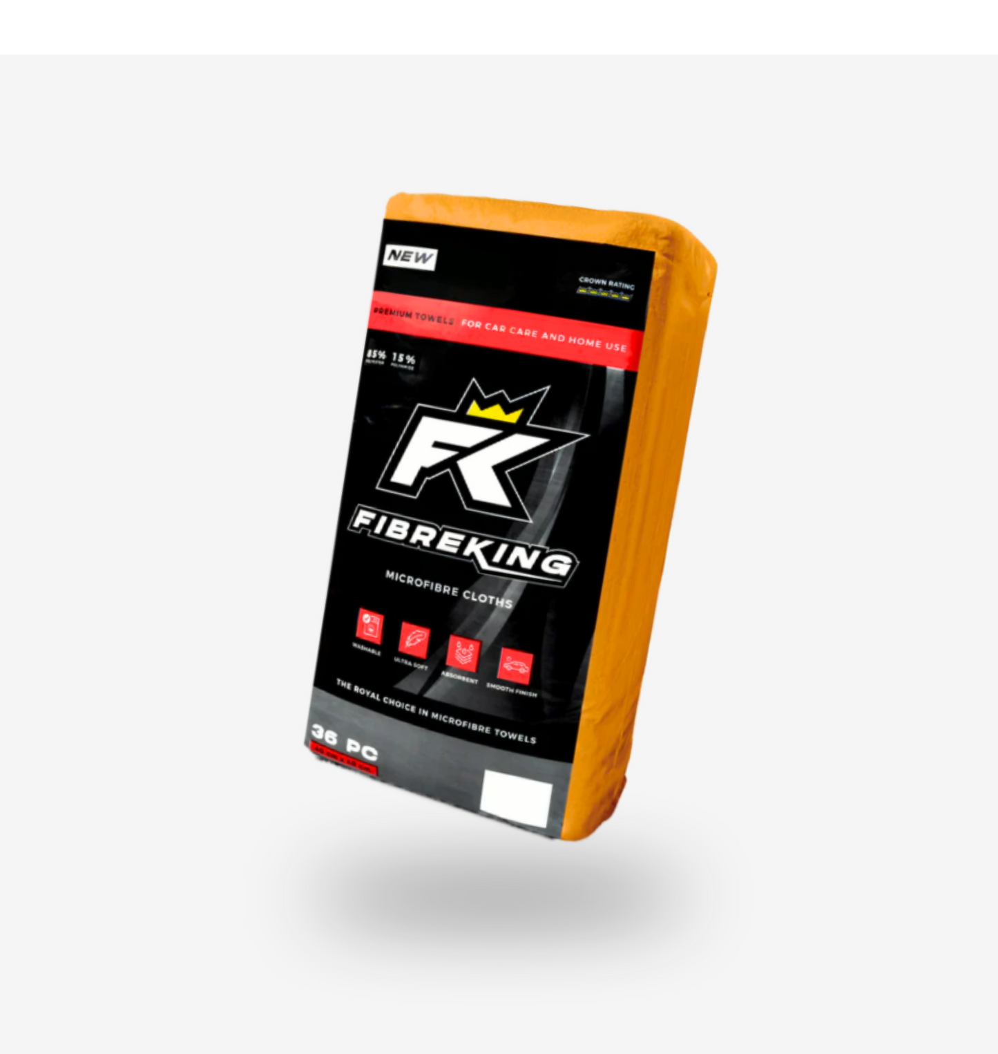 A rectangular pack of FibreKing Silver Label 325GSM microfibre cloths, with an orange side and black front, displaying branding and product information.