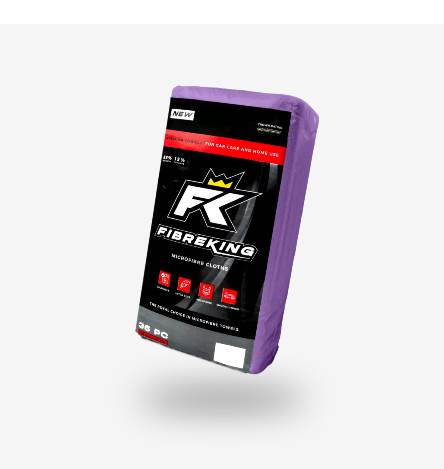 A package of FibreKing Silver Label 325GSM microfibre cloths for car care and home use, featuring a black and red design with purple trim and a scratch-free finish.