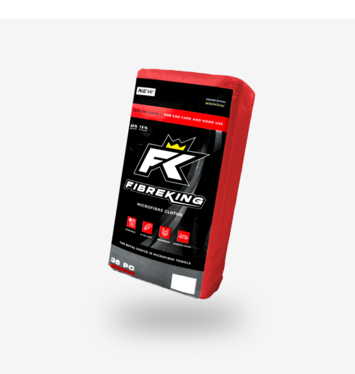 A pack of FibreKing Silver Label 325GSM microfibre cloths in red and black packaging, with icons for car and home use. These highly absorbent, scratch-free cloths are ideal for all your cleaning needs.