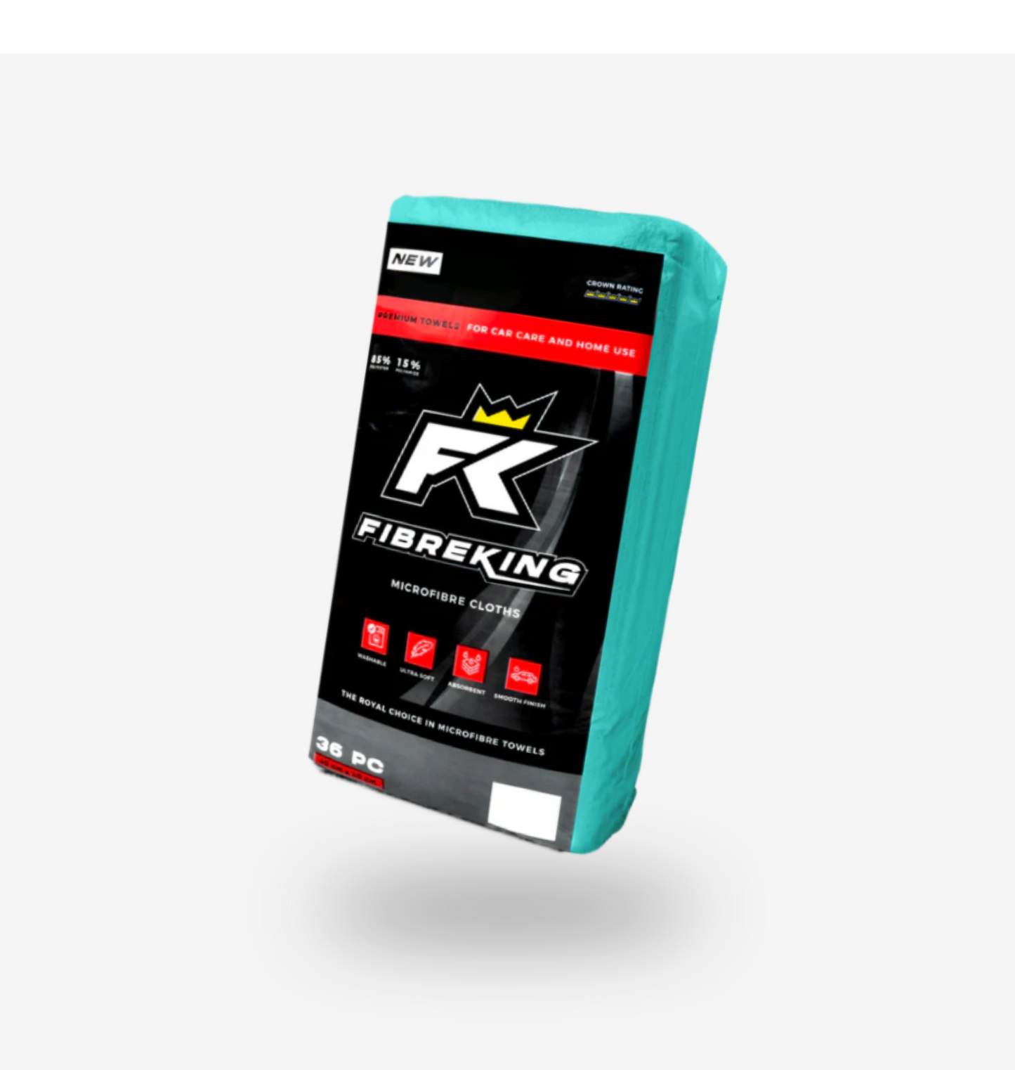 A pack of FibreKing Silver Label 325GSM microfibre cloths in black and red, with product details and icons displayed on the front.