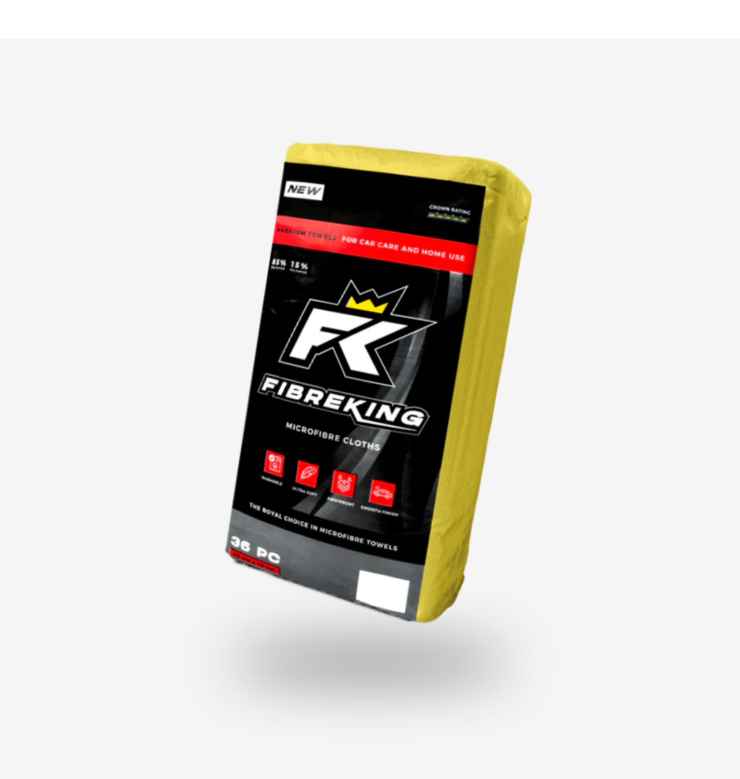 A pack of FibreKing Silver Label 325GSM microfibre cloths, with black and yellow packaging, designed for car and home use, includes 36 super absorbent, scratch-free pieces.