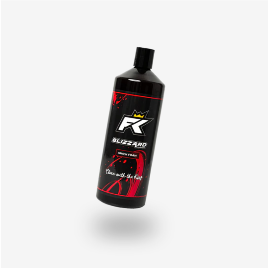 A black bottle of FibreKing Blizzard - Snow Foam with a red, white, and black design stands against a white background. This pH-neutral formula is perfect as a pre-wash step in your car cleaning routine.