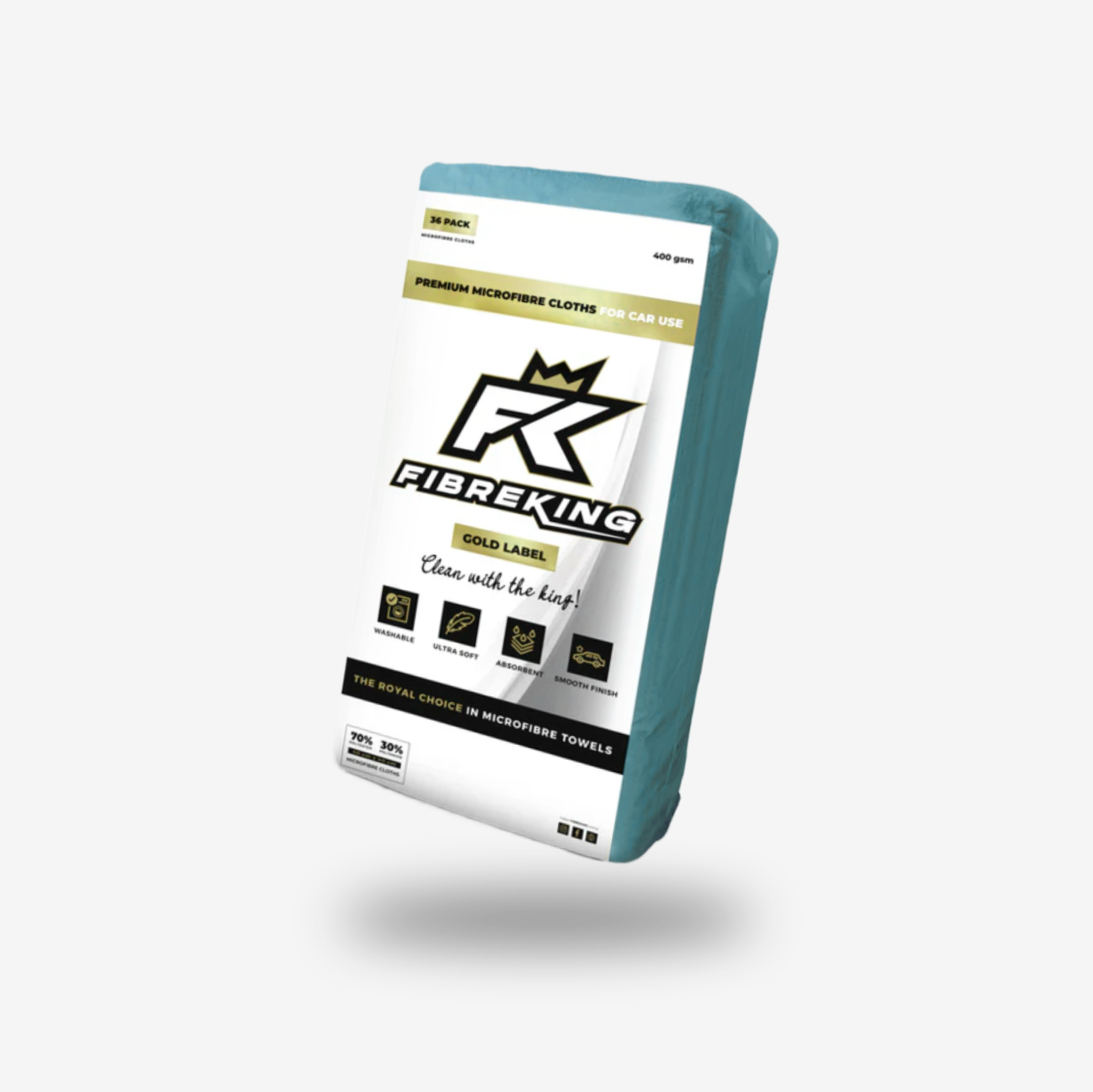 A pack of FibreKing Gold Label 400GSM microfibre cloths, designed for car cleaning, featuring premium ultra-absorbency and white-and-gold packaging with product information on the label.