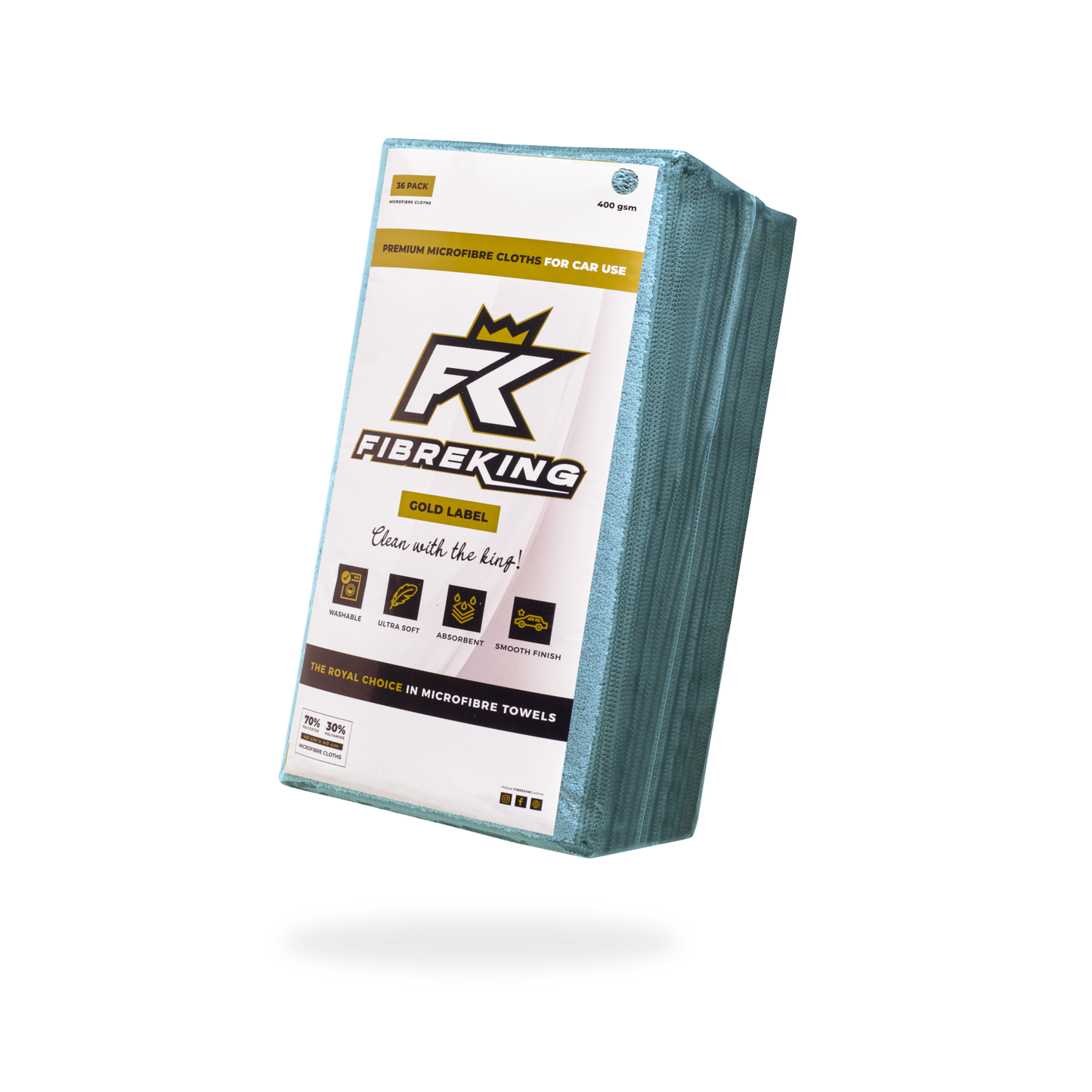 A box of FibreKing Gold Label 400GSM microfibre cloths (6 packs of 36), designed for cars, is displayed upright on a white background.