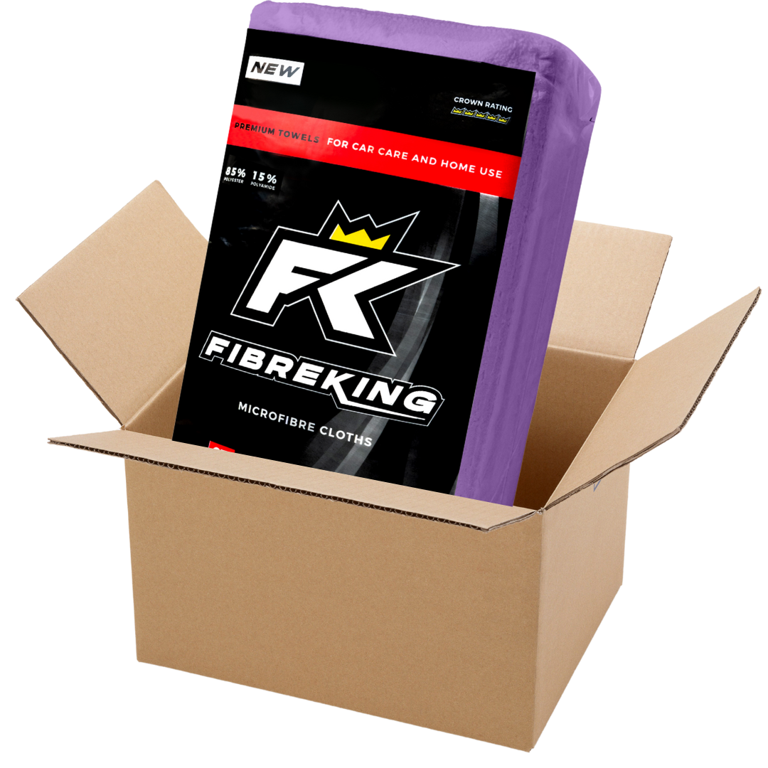 A box of FibreKing Silver Label 325GSM microfibre cloths (10 packs of 36) in purple packaging is ideal for car cleaning and is conveniently reusable and machine washable.