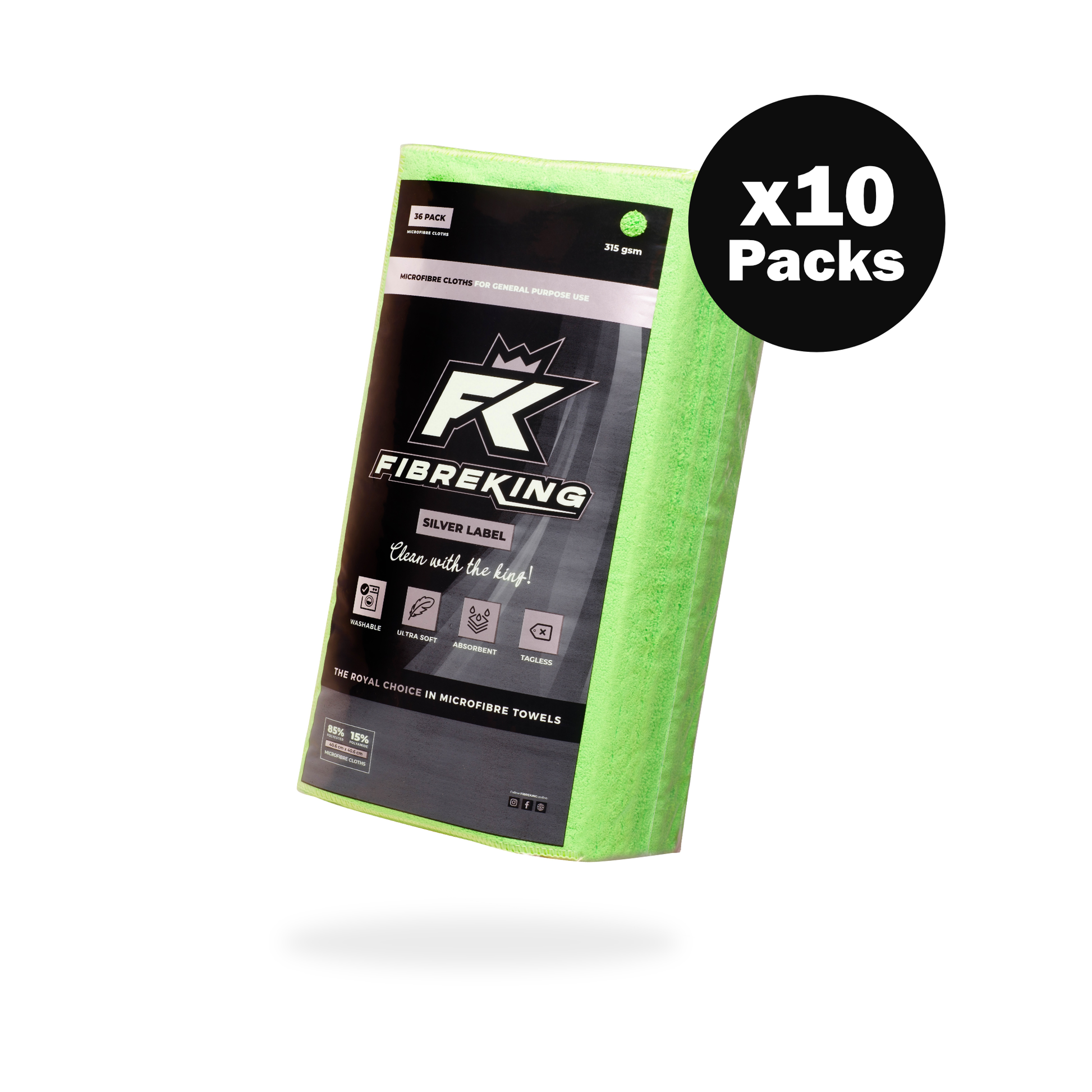 The FibreKing Silver Label 315GSM microfibre cloth Box includes 10 packs of 36 cloths, perfect for car detailing and all your cleaning needs.