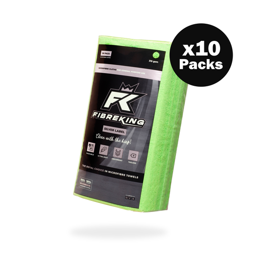 The FibreKing Silver Label 315GSM microfibre cloth Box includes 10 packs of 36 cloths, perfect for car detailing and all your cleaning needs.