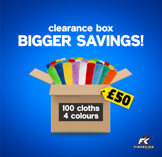 Open Silver Label Box by FibreKing: 100 super absorbent microfibre cloths in 4 colors, £50. Blue background with clearance box, BIGGER SAVINGS! and FibreKing logo. Perfect for car cleaning.