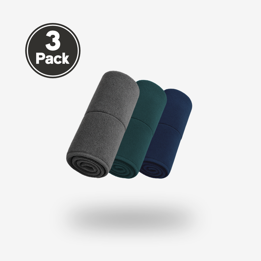 Three FibreKing Gold Label 900 GSM Korean Drying Towels in gray, green, and navy blue are shown as a 3 Pack on a white background—premium microfiber towels ideal for effective car care.
