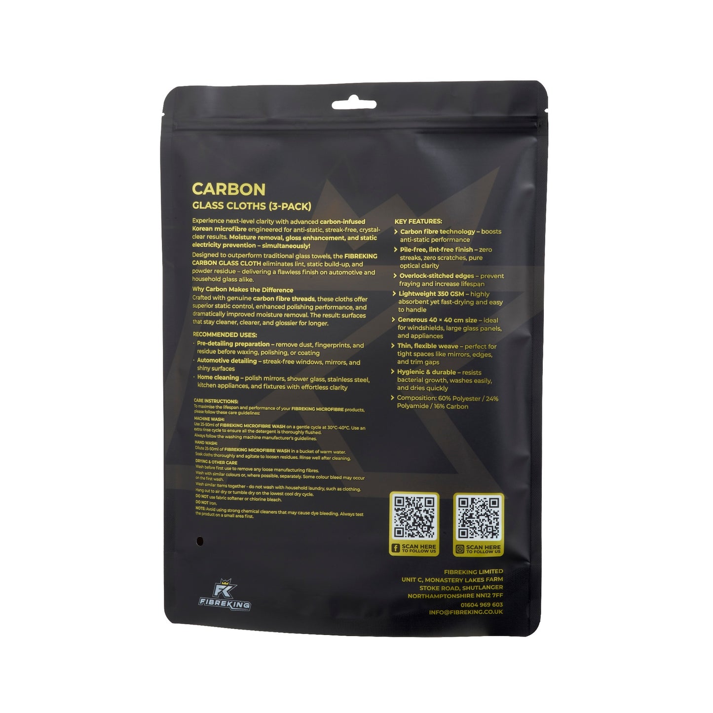 Black resealable pouch labeled "FibreKing Carbon Glass Cloths - 3 Pack" with yellow and white text—includes description, features, and company info; advanced carbon cloths ensure streak-free glass cleaning.
