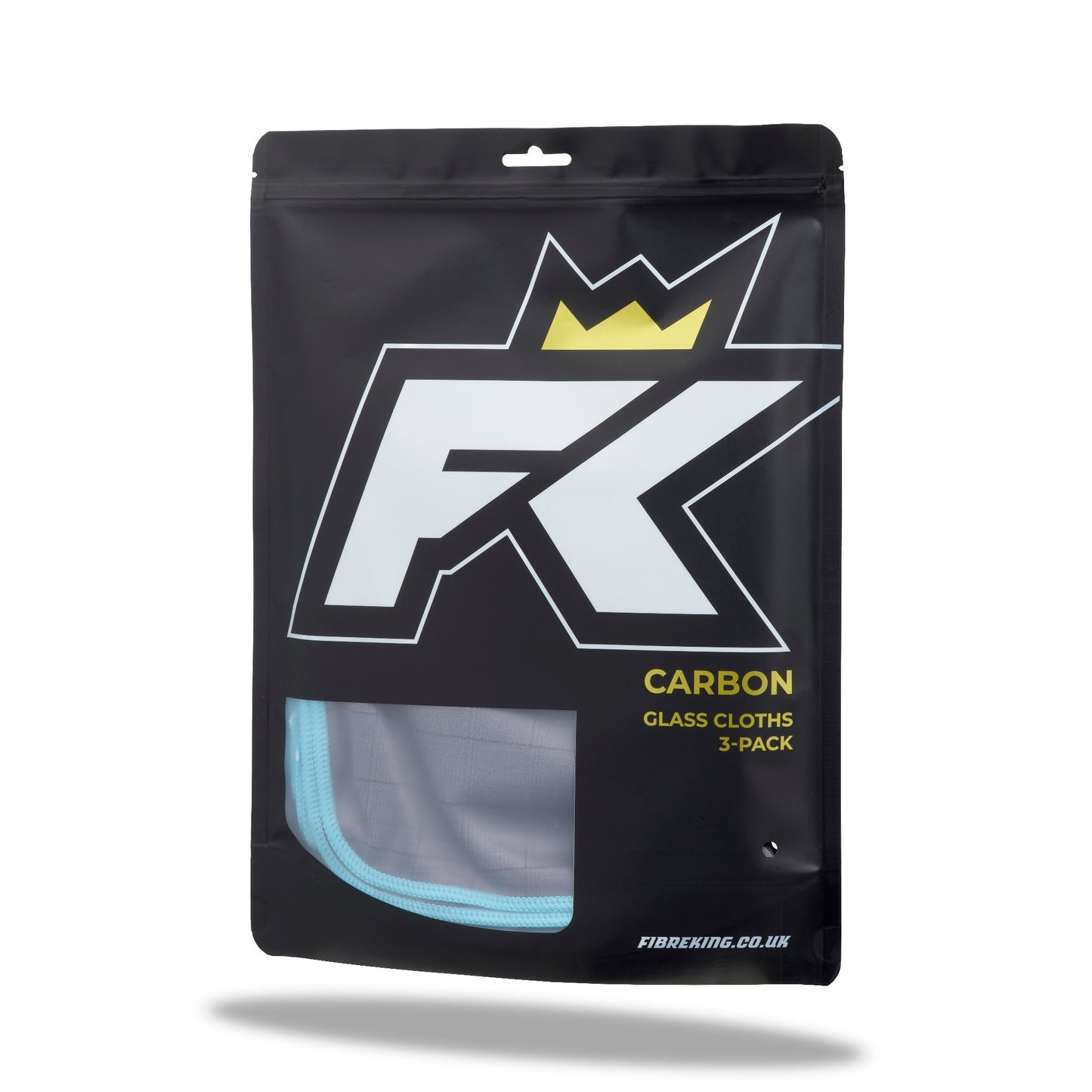 FibreKing Carbon Glass Cloths - 3 Pack comes in a black resealable pouch with a blue cloth visible inside, designed for streak-free glass cleaning.