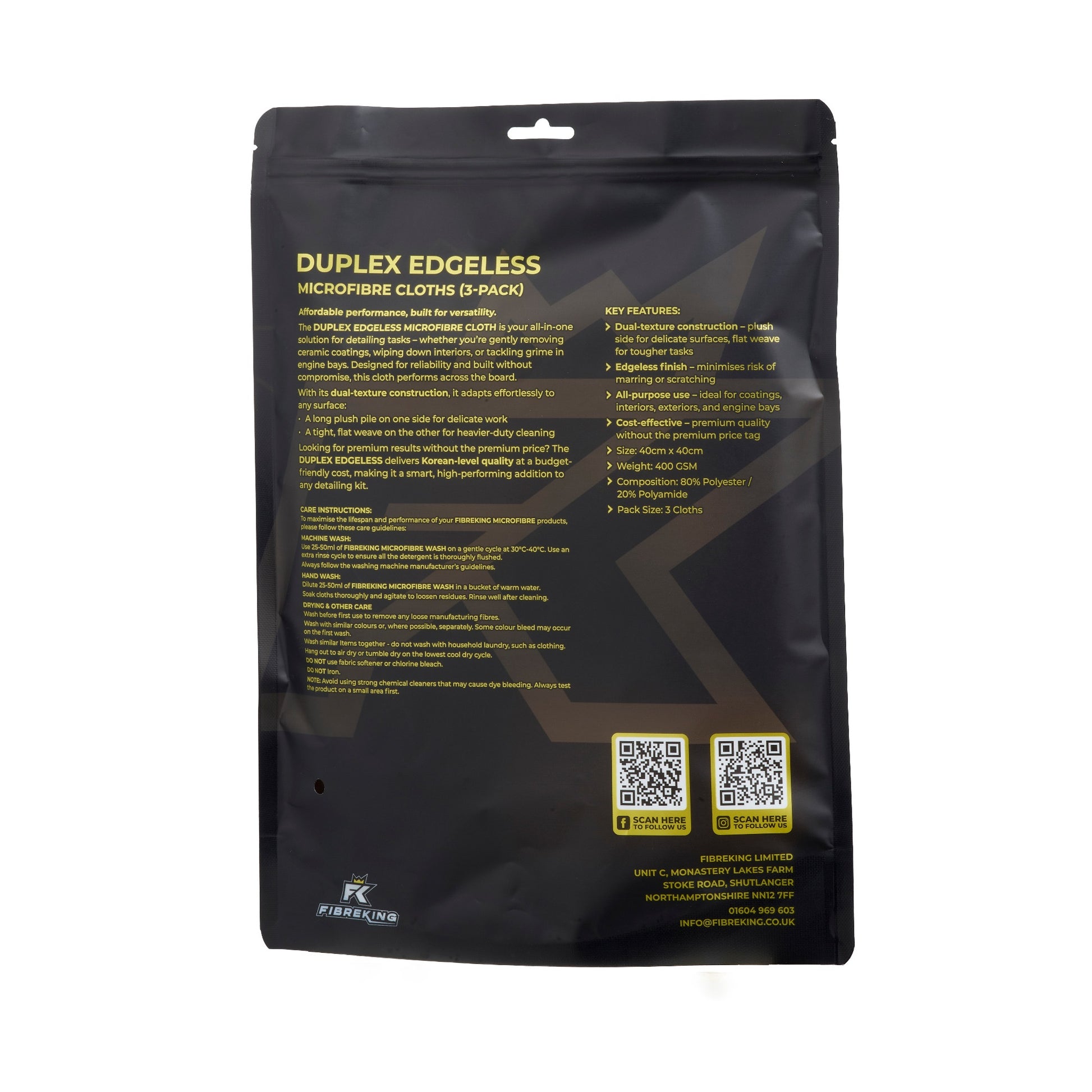 Back of a black FibreKing Duplex Edgeless Cloth - 3 Pack shows product info, features, QR codes, and contacts in yellow and white—ideal for premium detailing use.