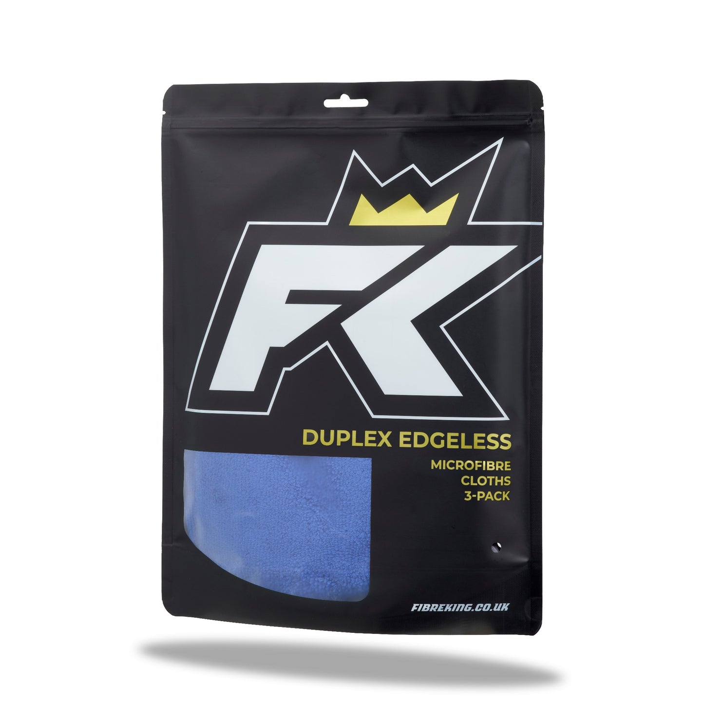 A black resealable pouch labeled FibreKing Duplex edgeless cloth - 3 pack, featuring premium edgeless microfibre detailing cloths with a visible blue cloth inside.