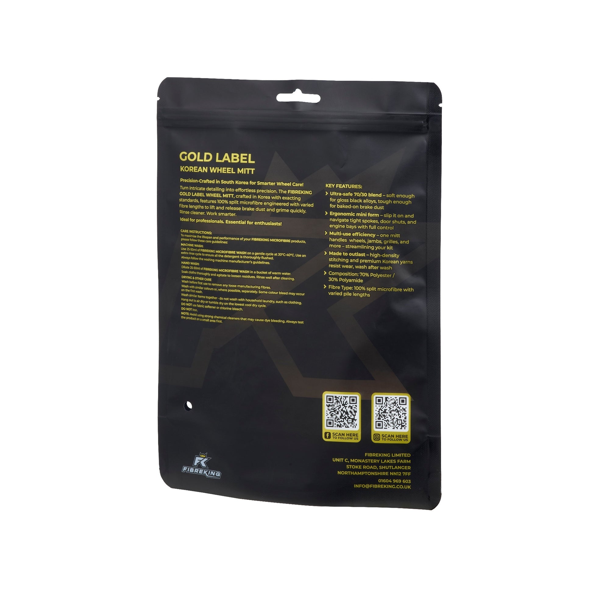 FibreKing Gold Label Korean Wheel Mitt in a black resealable pouch, features yellow text on microfibre wheel mitt benefits and brake dust removal, plus two QR codes on the back.