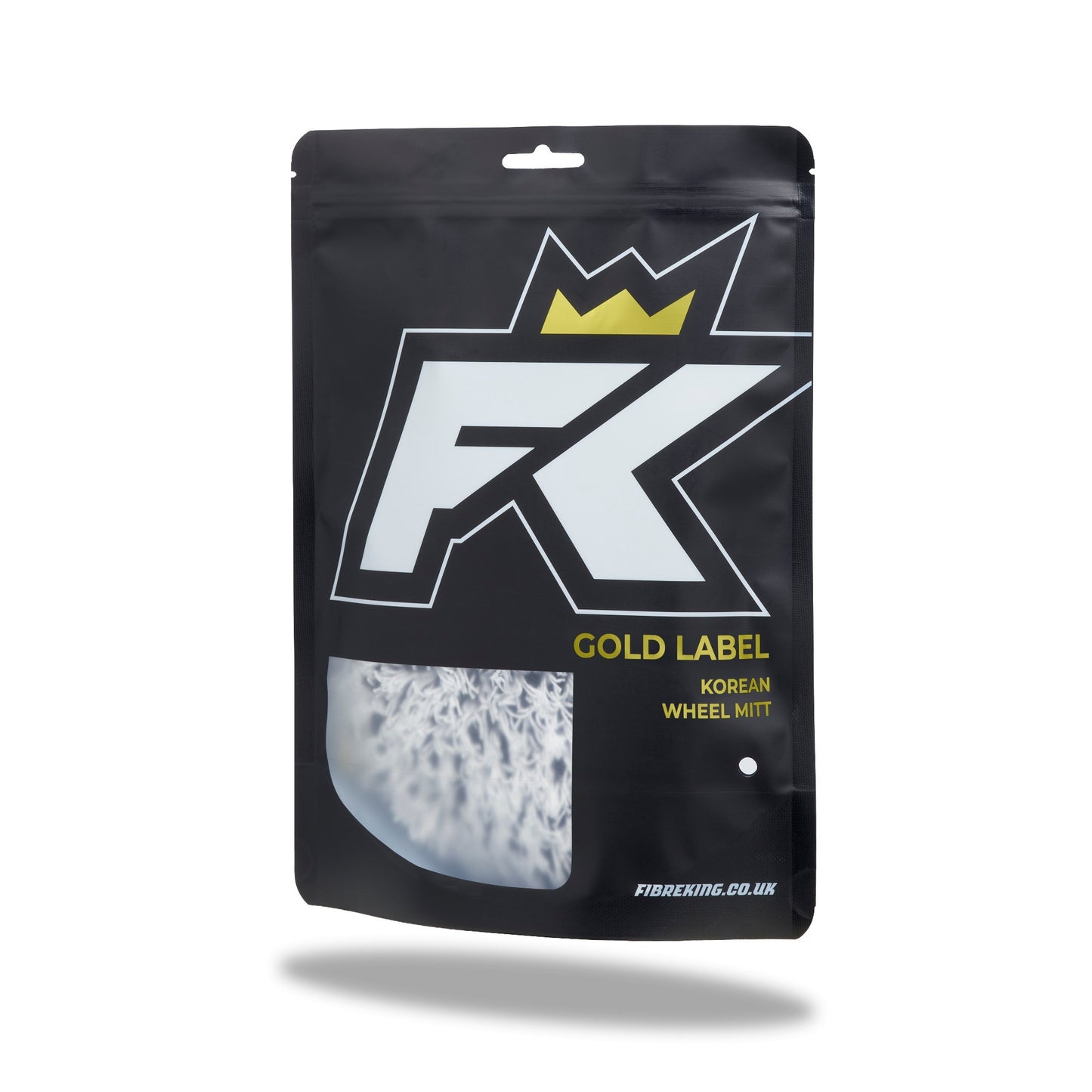 A black resealable pouch labeled FibreKing Gold Label Korean Wheel Mitt features a transparent window showing the white microfibre mitt inside, ideal for efficient brake dust removal.