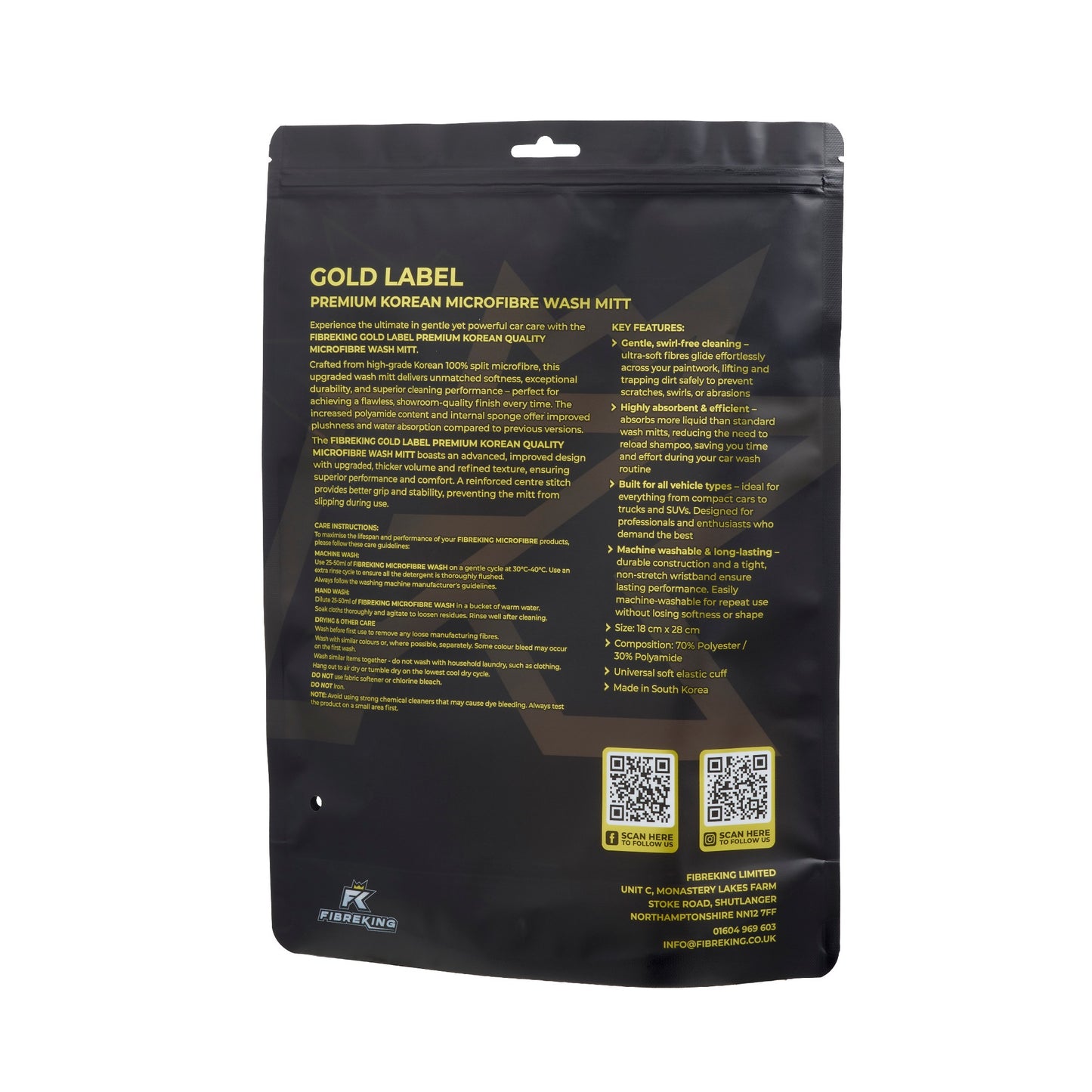 Back view of a black and gold FibreKing Gold Label Korean Microfibre Wash Mitt package, highlighting product details, features of the super-soft mitt, QR codes, and contact information.