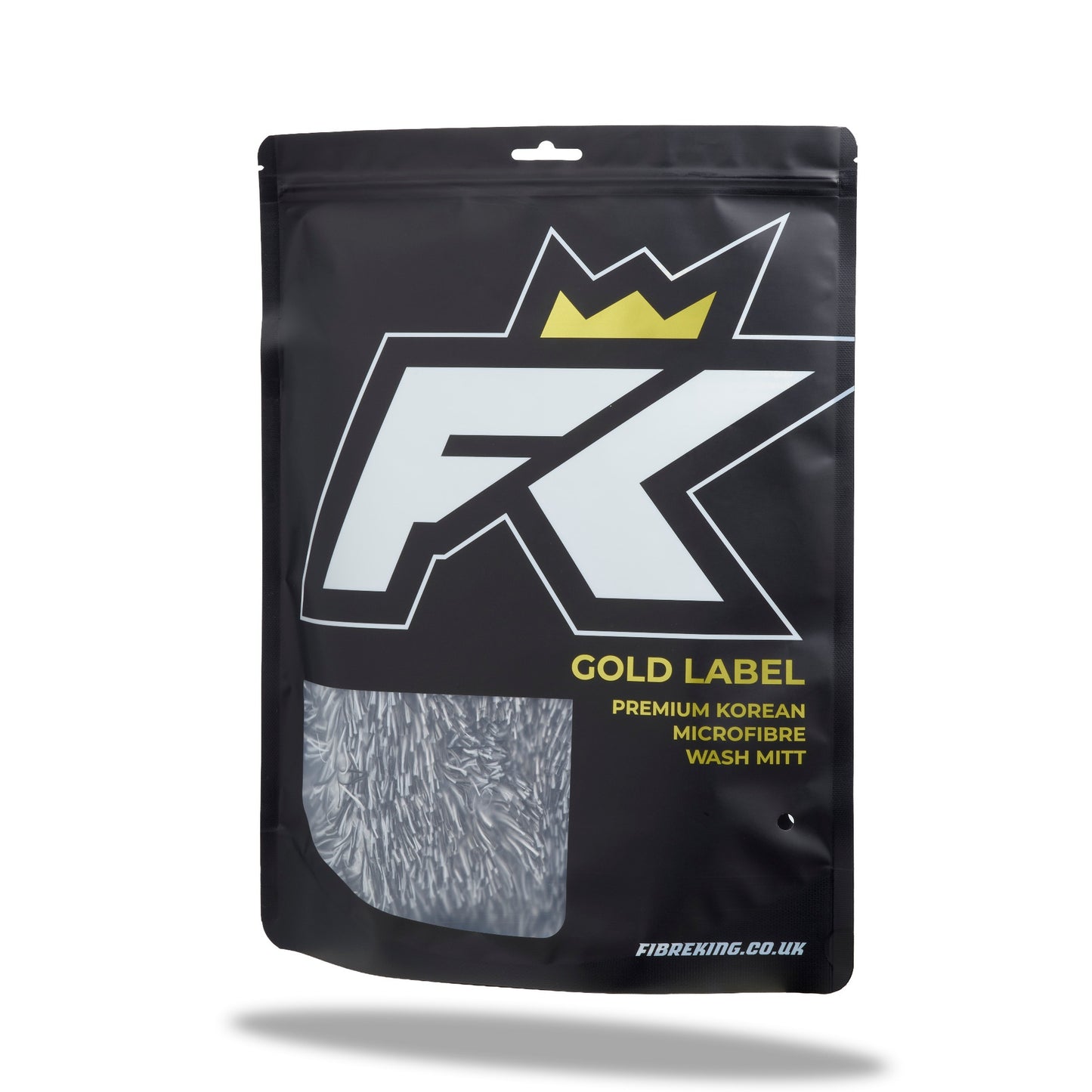 A black pouch labeled FibreKing Gold Label Korean Microfibre Wash Mitt - Black features a clear window displaying the ultra-soft mitt inside.