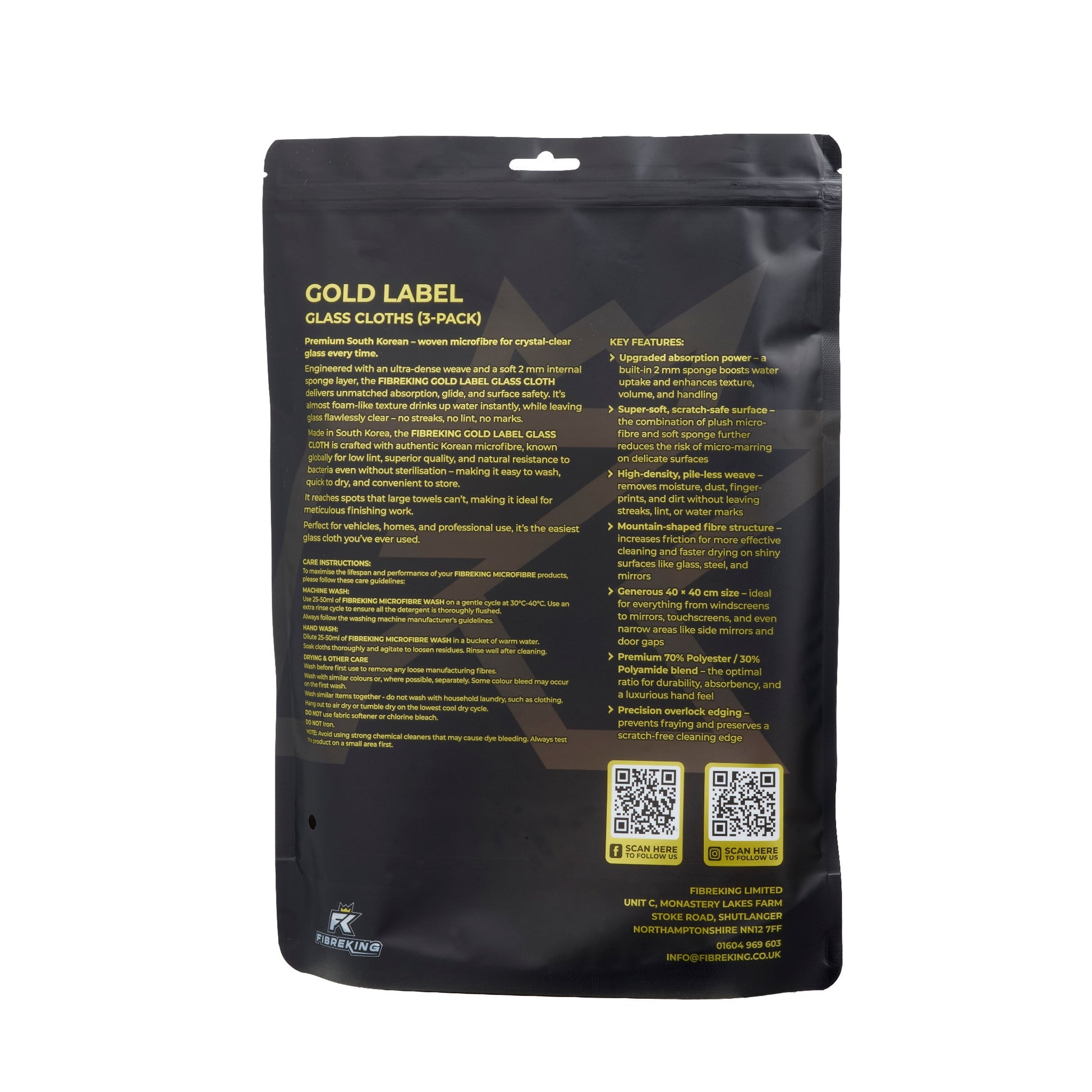 Black resealable pouch labeled FibreKing Gold Label Korean Glass Cloths (3-Pack) features product info, key features, QR codes, and company details in yellow and white—premium microfibre cloths for streak-free glass cleaning.
