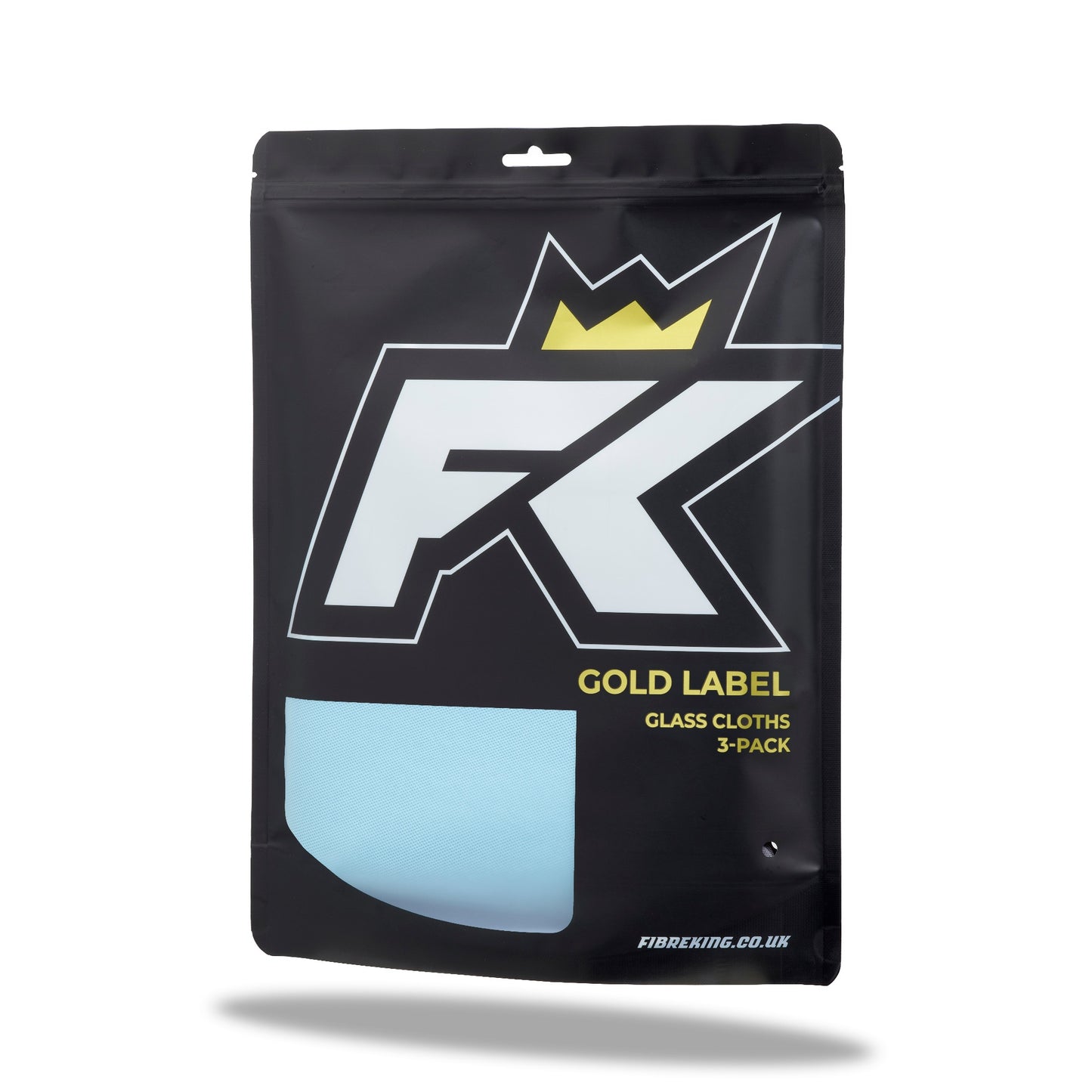 Sleek black resealable pack labeled FibreKing Gold Label Korean Glass Cloths - 3 Pack, showing a light blue microfibre cloth inside, designed for premium streak-free glass cleaning.